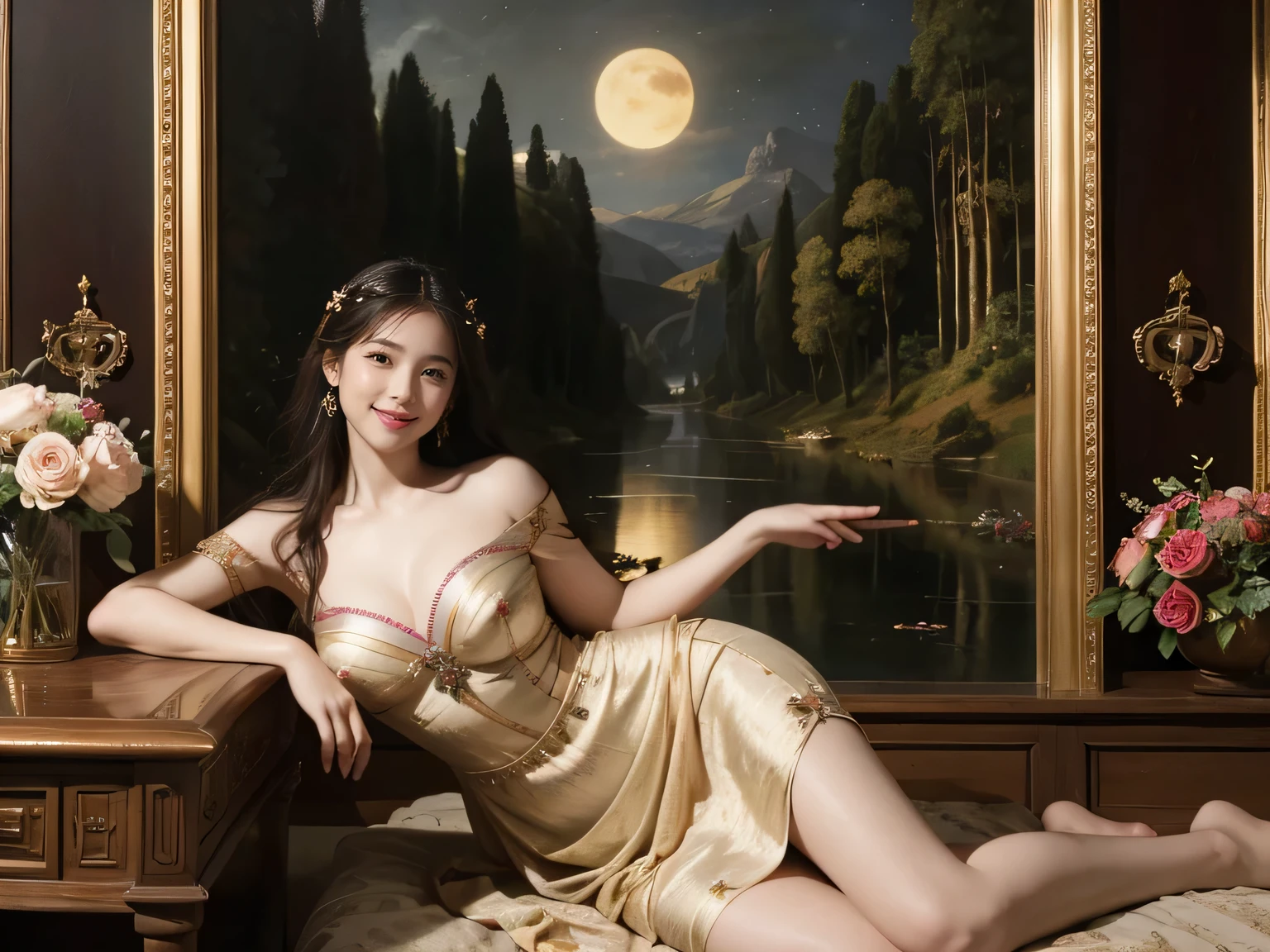 Giorgione's painting style,Discussion between two female philosophers,math、astronomical machine、astronaut、roses in vase、fruit、Cute trinkets、smile、ancient greek costume、The background is a forest lake at night 、Clothes that stretch your shoulders、A big smile、beautiful bare skin、A detailed representation of the seducing woman throughout her body..