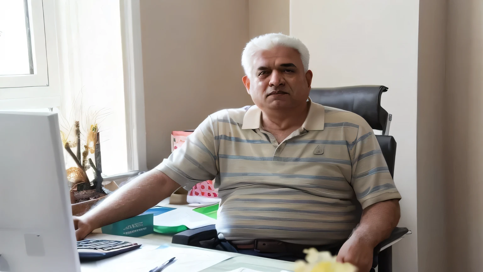 There is a person sitting at the desk,holding computer, Ahmed Meirhoub, mohamed chahin, Lawyer Kuder, Mahmoud Barzanji, nekro petros afshar, eytan zana, Sayem Reza, Elias Chazodis, farid ghanbari, Sam Nassour, The bar is shibas, kyzylsalim