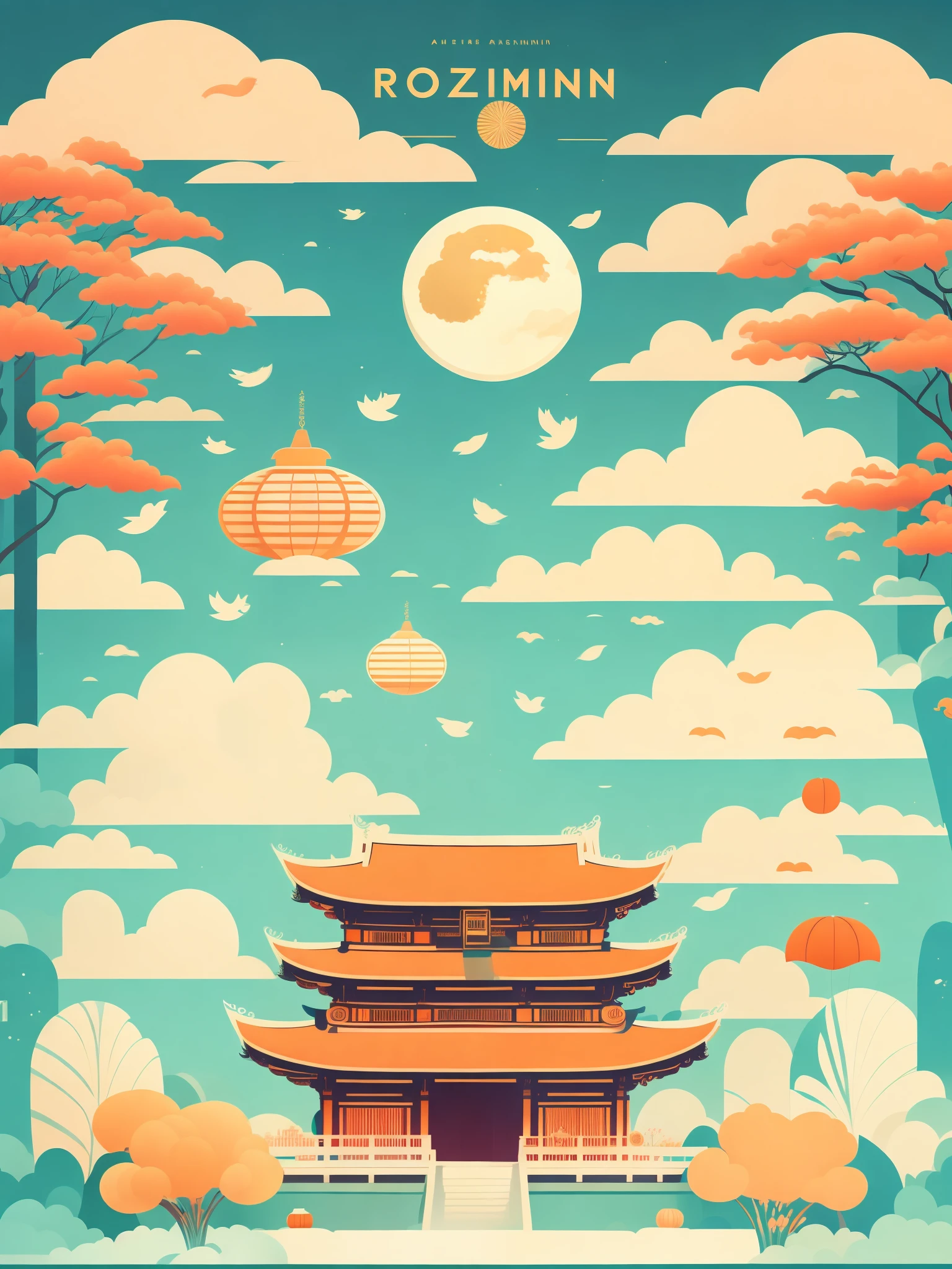 Art is business illustration，The theme is the Mid-Autumn Festival poster。The background is a scene of the moon and the moon palace，There are lanterns flying outside the moon。The center area of the picture is centered and typeset，The main body is Jade Rabbit making mooncakes。laurel、Monte、water、Clouds and other details decorated，T-shirt design，Rozmin trip，vector art