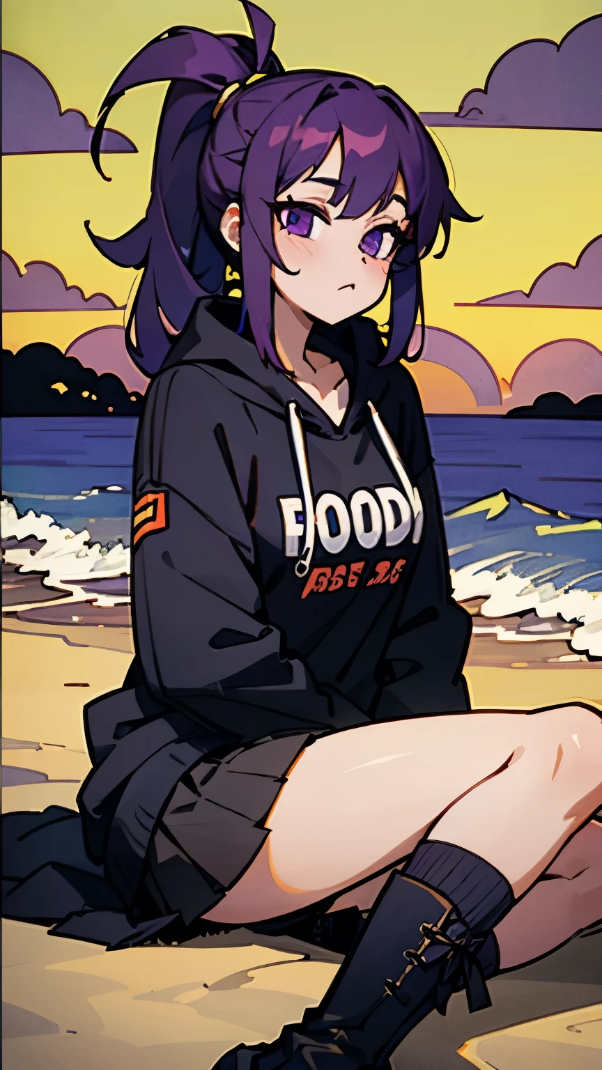 beach，seaside，Sunset，purple eyes，long purple hair，Black sweatshirt，black pleated skirt，Black Martin boots，black knee socks，8k resolution，high ponytail