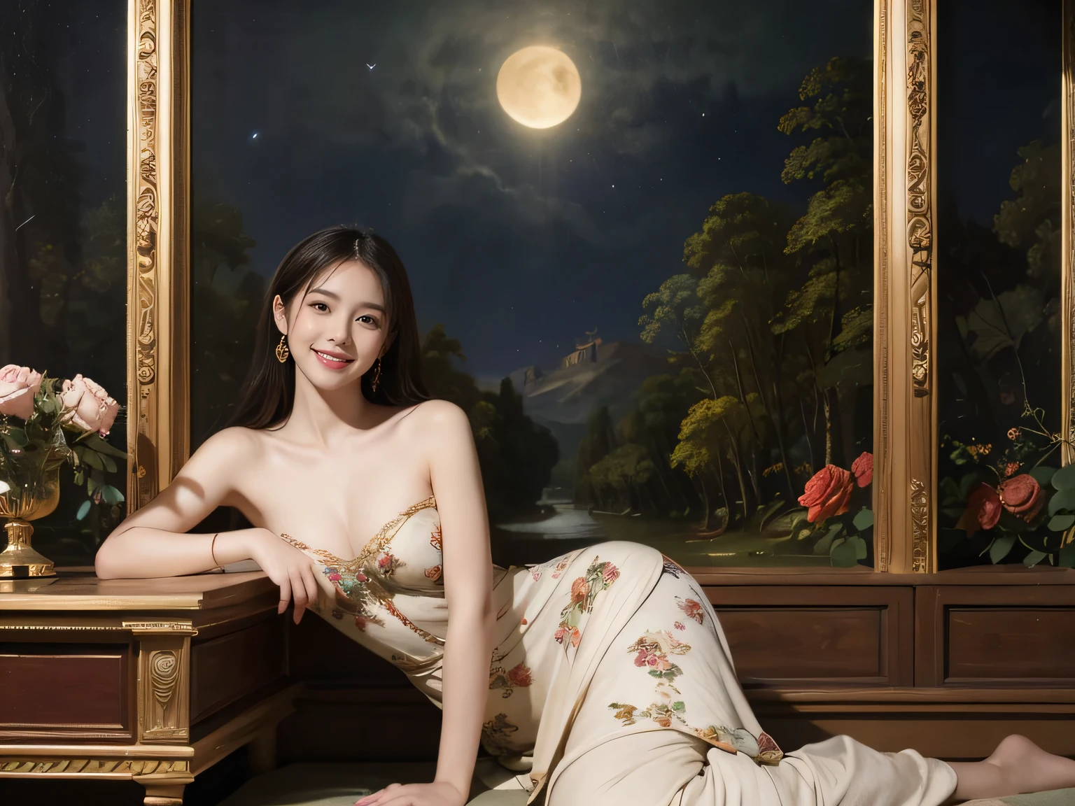 Giorgione painting style,Arguments of two female Philosophe,math、astronomical machine、astronaut、roses in vase、fruits、Cute trinkets、smile、ancient greek costume、Background is a forest lake at night 、Clothes that stretch your shoulders、A big smile、beautiful bare skin、A detailed representation of the seducing woman throughout her body.full body portrait, Ancient Roman ruins, Poussin-style landscape at night, A smile, , Sweet and seductive appearance.、Caravaggio's paintings、Chiaroscuro of Caravaggio、Hair disheveled in the wind, Two women frolicking, Cute smile, Expression of ecstasy, A sexy, Erotic Negat