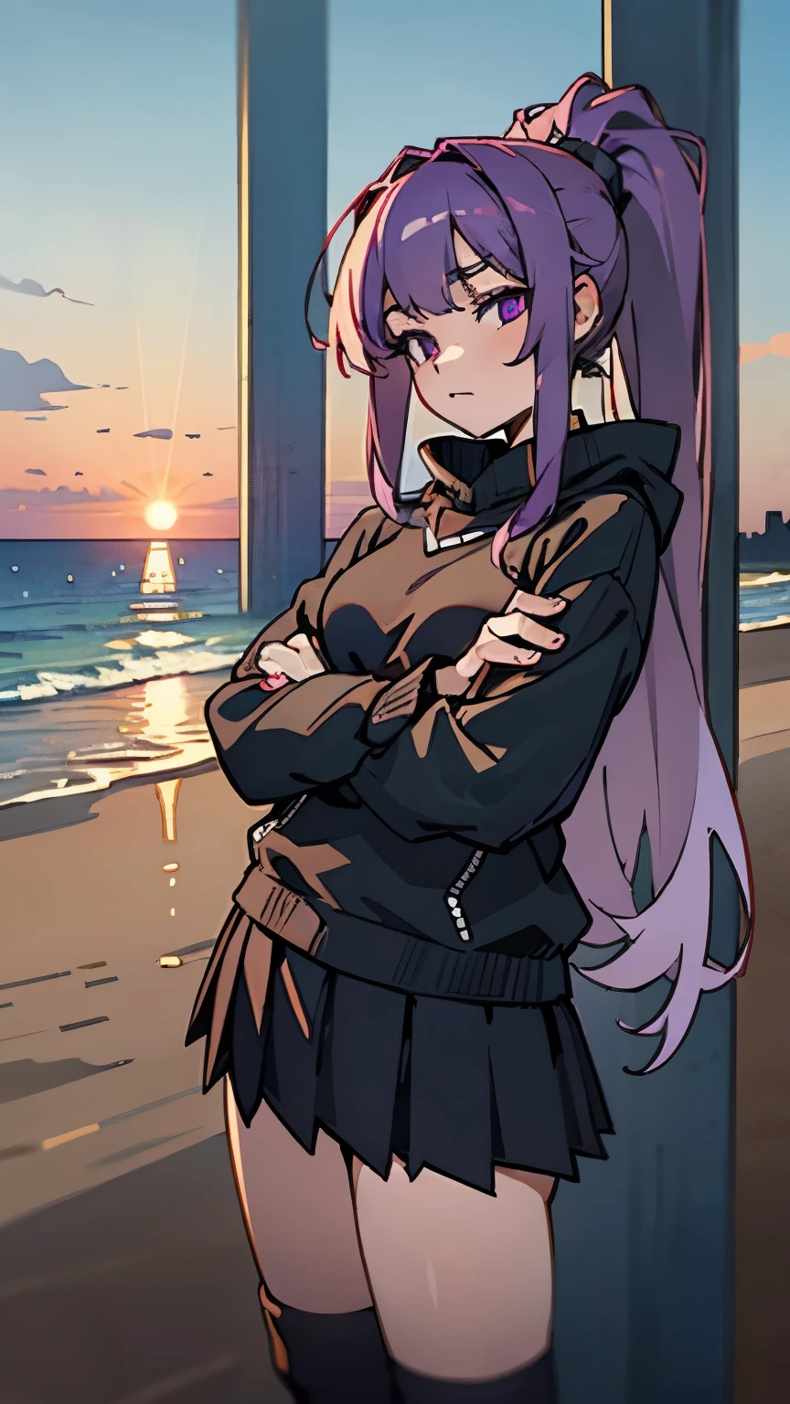 beach,seaside,Sunset,purple eyes,long purple hair,Black sweatshirt,black pleated skirt,Black Martin boots,black knee socks,8k resolution,high ponytail
