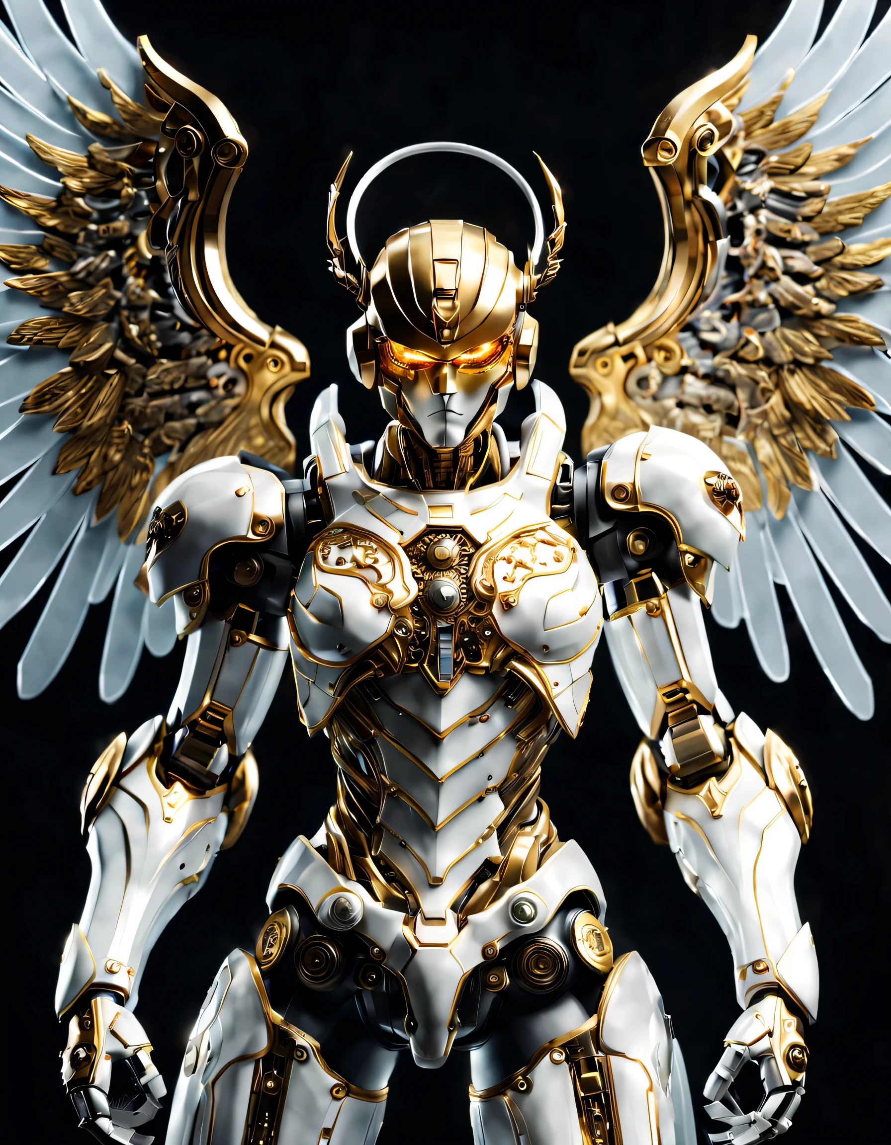 (full-body shot:1.5), (full view:1.5), Pure black background, A white-gold angel transparent mecha stands on the ground in a fighting posture,Exquisite white transparent glass mechanical armor, Metal mechanical mask, Precision luminous electronic eye,(The internal structure is complex and precise:1.2), Exquisite and complex golden mecha texture, (gold mechanical thread:1.2), (Well-designed, high detail, masterpiece, best quality, ultra high definition, Sharpen details, metallic feel)