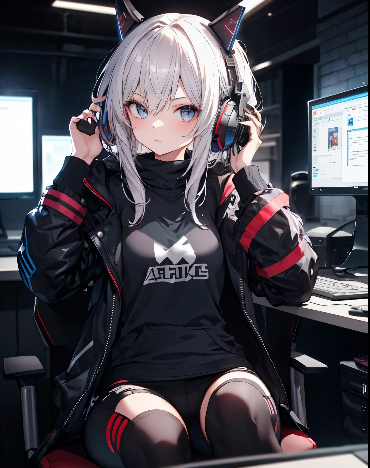 Meisterwerk,1girl,Allein,lange Haare,lockige Haare,gamergirl,pc Gaming,on pc,headset