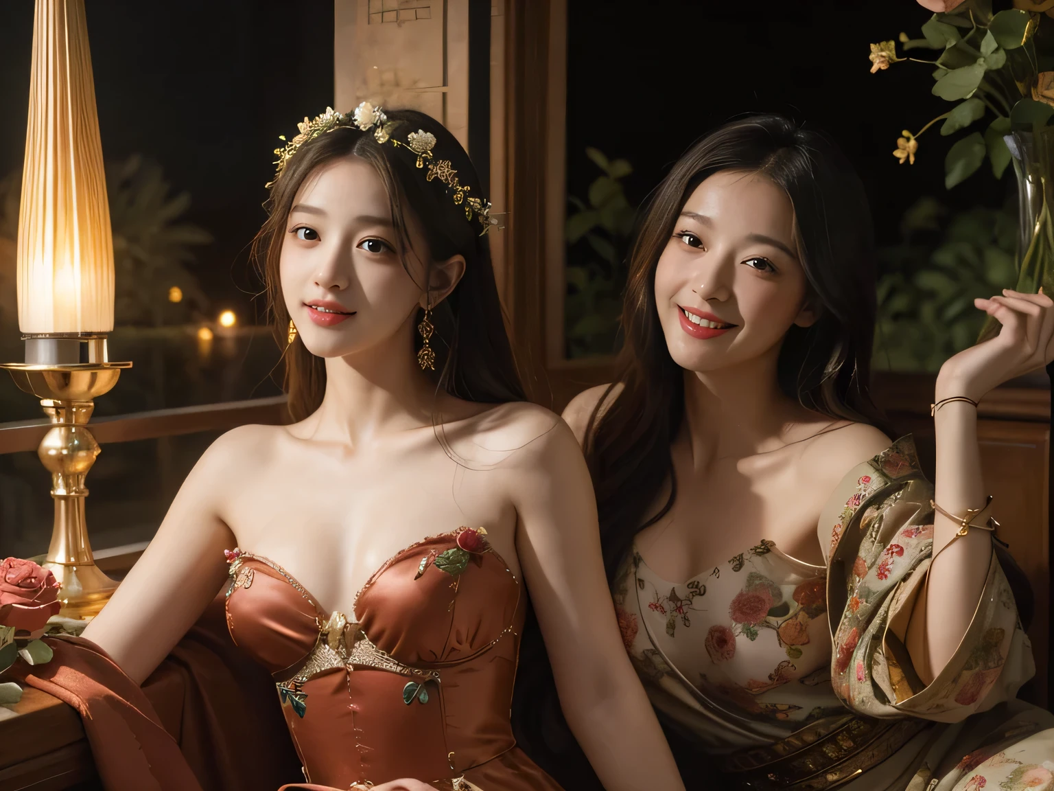 Giorgione's painting style,Discussion between two female philosophers,math、astronomical machine、astronaut、roses in vase、fruit、Cute trinkets、smile、ancient greek costume、The background is a forest lake at night 、Clothes that stretch your shoulders、A big smile、beautiful bare skin、A detailed representation of the seducing woman throughout her body..
