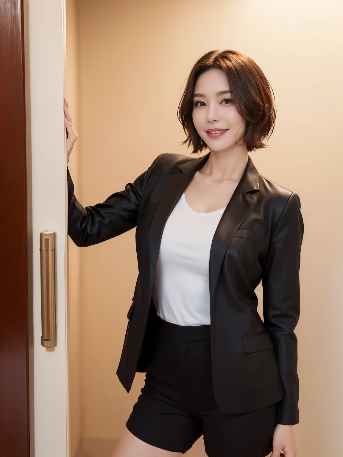 masterpiece,highest quality, (mature woman、42 years old), (gray blazer), (white shirt:1.2), (black pencil skirt:1.4)、double eyelid, eyelash, lip gloss, (smile:1), (looking at the viewer、The whole body is reflected)、(standing facing the front:1.1), (Modern office receptionist:1.6)、Depth of written boundary、尖ったred mouth、(Black wet shiny short hair),red mouth,clavicle、(full body portrait:1.6)、digital illustration, (Photoreal:1.3),(Raw photo)、smile、(In front of the counter:1.2)、(Standing with hands together in front of the body)、
