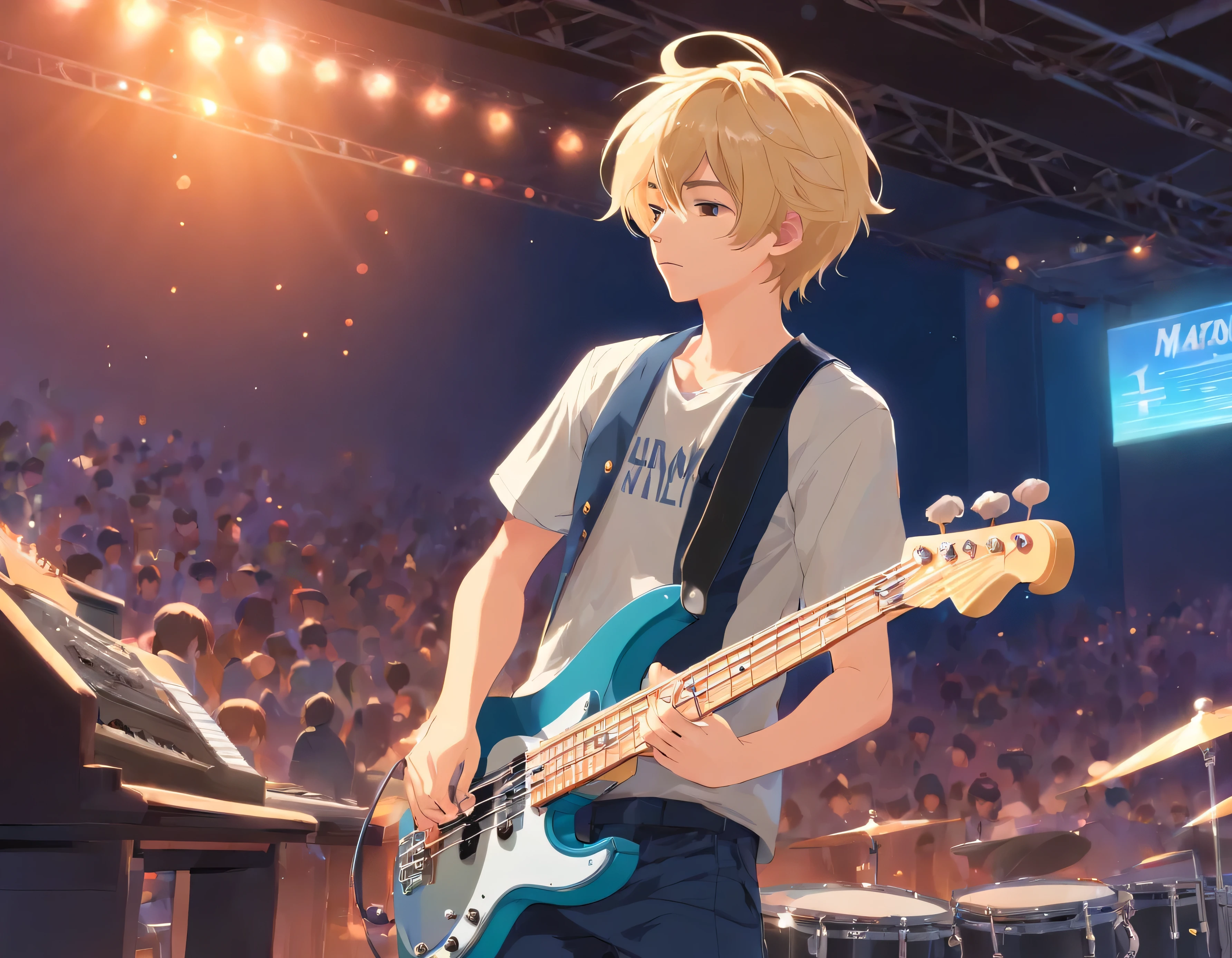 bassist playing in a band、blonde boy'whole body