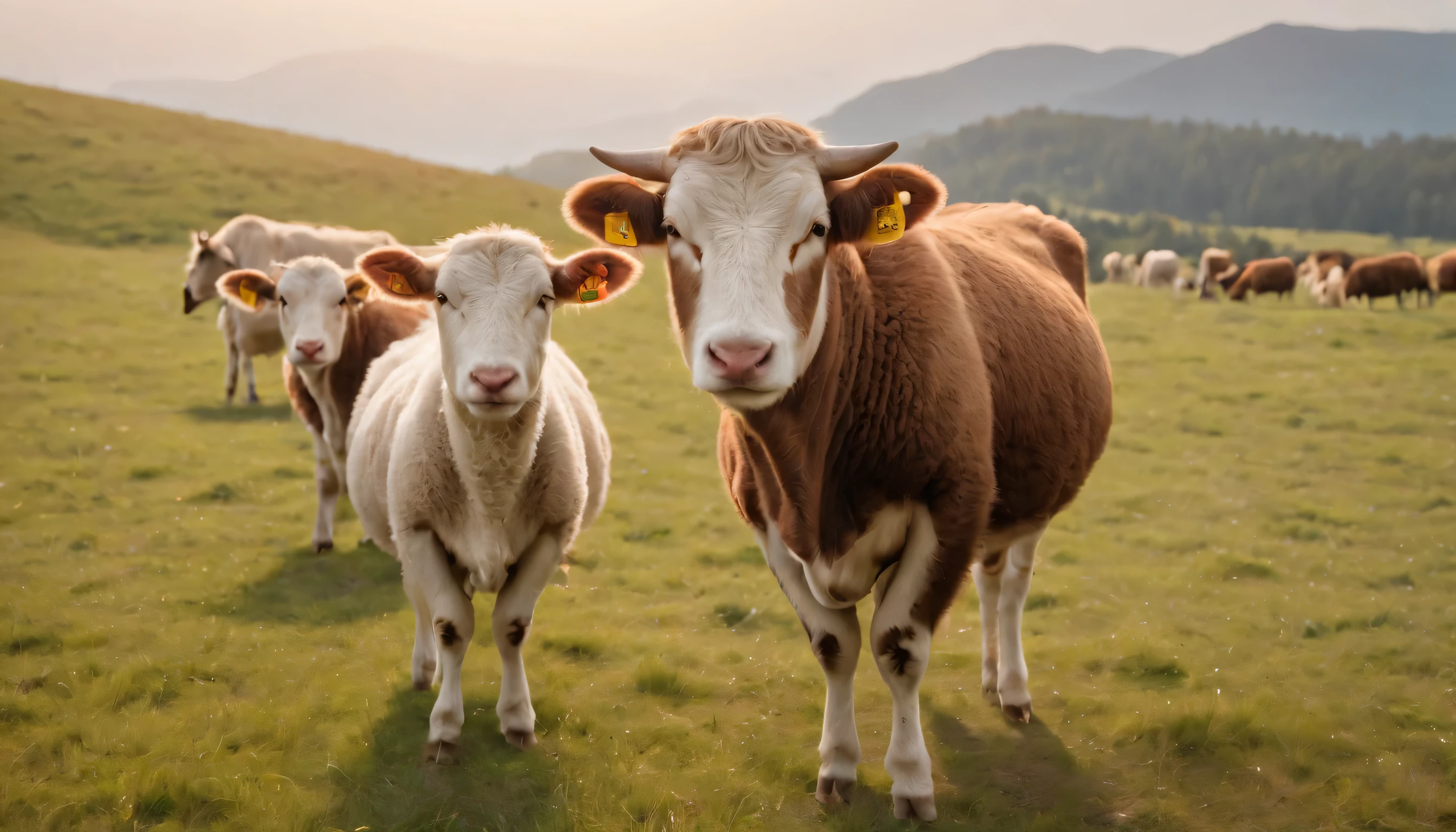 (Highly detailed CG Unity 8k wallpaper、masterpiece、highest quality、Super detailed)、(best lighting、best shadow、very delicate and beautiful)、highest quality、8k、Detailed facial depiction、masterpiece、highest quality、clear image quality、
Photos taken from the car window of sheep and cows grazing on grasslands and meadows.。