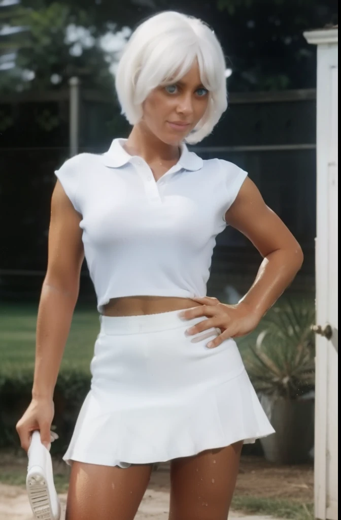1girl, solo, white polo shirt, white sneakers, tennis wear, white miniskirt, masterpiece, best quality, realistic, hyper-detailed, absurd, looking at viewer, (realistic white hair), white hair, blue eyes, slender, dynamic lighting, high resolution, depth of field, detailed eyes, sharp pupils, realistic pupils, outdoor, sky, light smile, wet clothes, cleavage