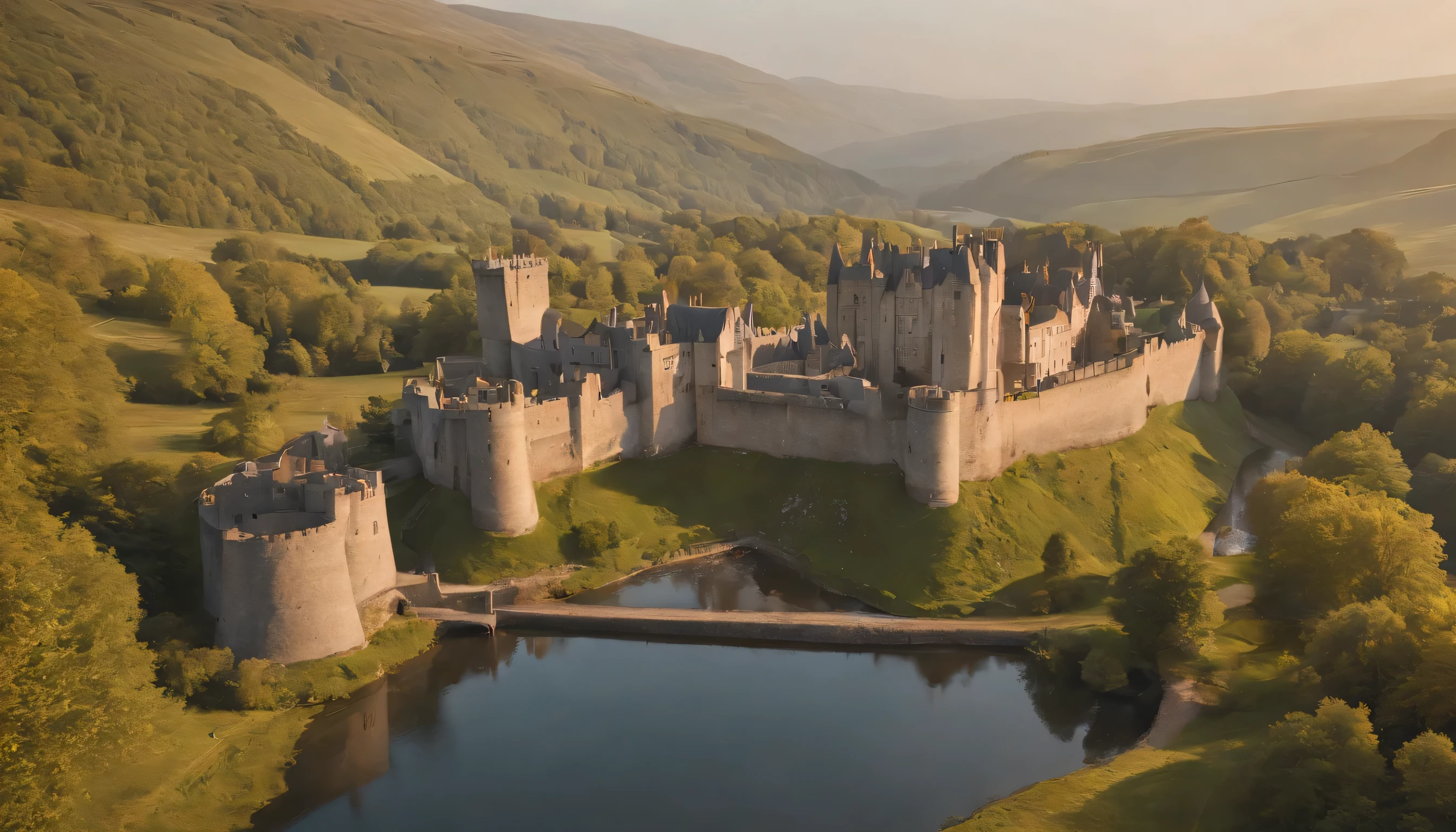 (Highly detailed CG Unity 8k wallpaper、masterpiece、highest quality、Super detailed)、(best lighting、best shadow、very delicate and beautiful)、highest quality、8k、Detailed facial depiction、masterpiece、highest quality、clear image quality、
pictures of beautiful scenery in england&#39;Old castle and castle walls seen from the train window.。
