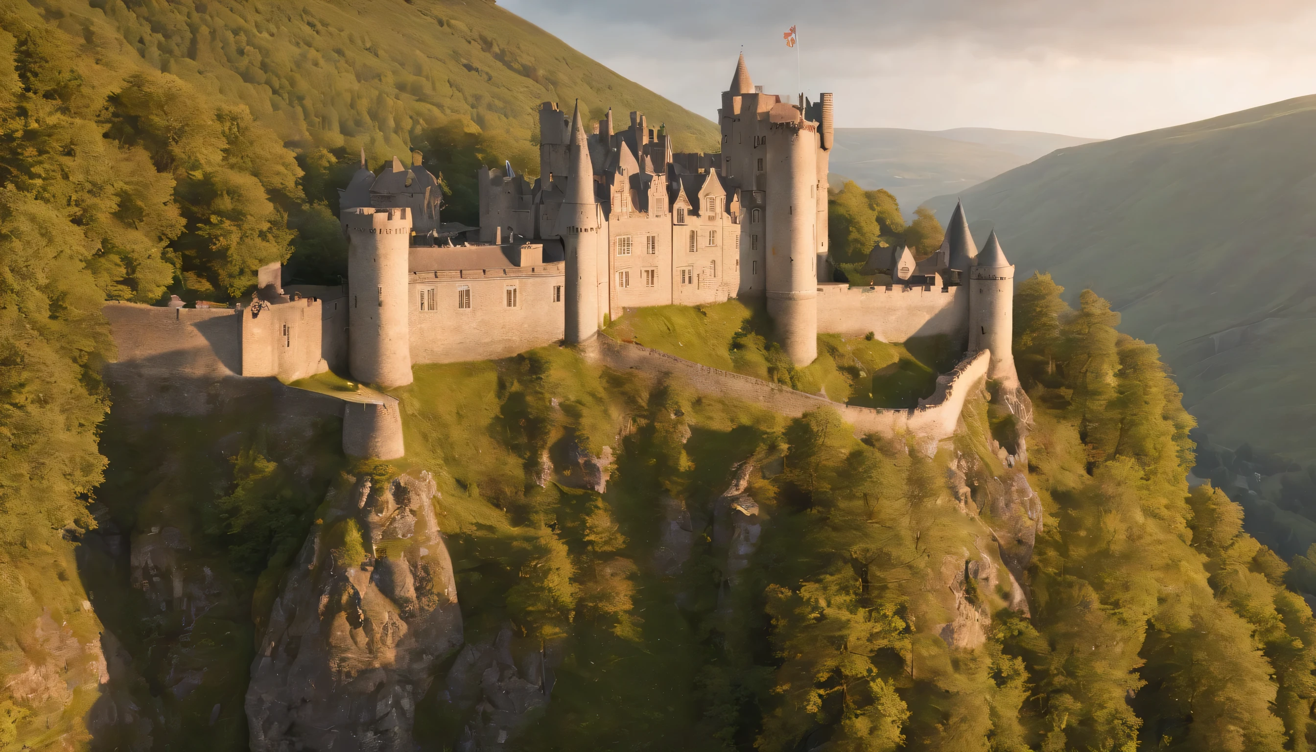 (Highly detailed CG Unity 8k wallpaper、masterpiece、highest quality、Super detailed)、(best lighting、best shadow、very delicate and beautiful)、highest quality、8k、Detailed facial depiction、masterpiece、highest quality、clear image quality、
pictures of beautiful scenery in england'Old castle and castle walls seen from the train window.。