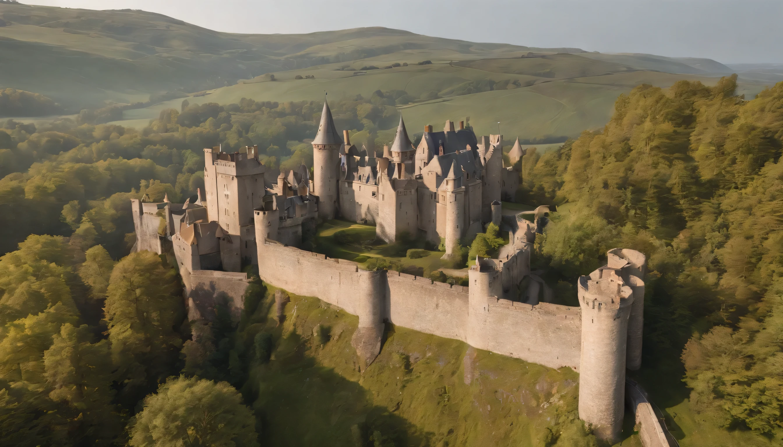 (Highly detailed CG Unity 8k wallpaper、masterpiece、highest quality、Super detailed)、(best lighting、best shadow、very delicate and beautiful)、highest quality、8k、Detailed facial depiction、masterpiece、highest quality、clear image quality、
pictures of beautiful scenery in england&#39;Old castle and castle walls seen from the train window.。
