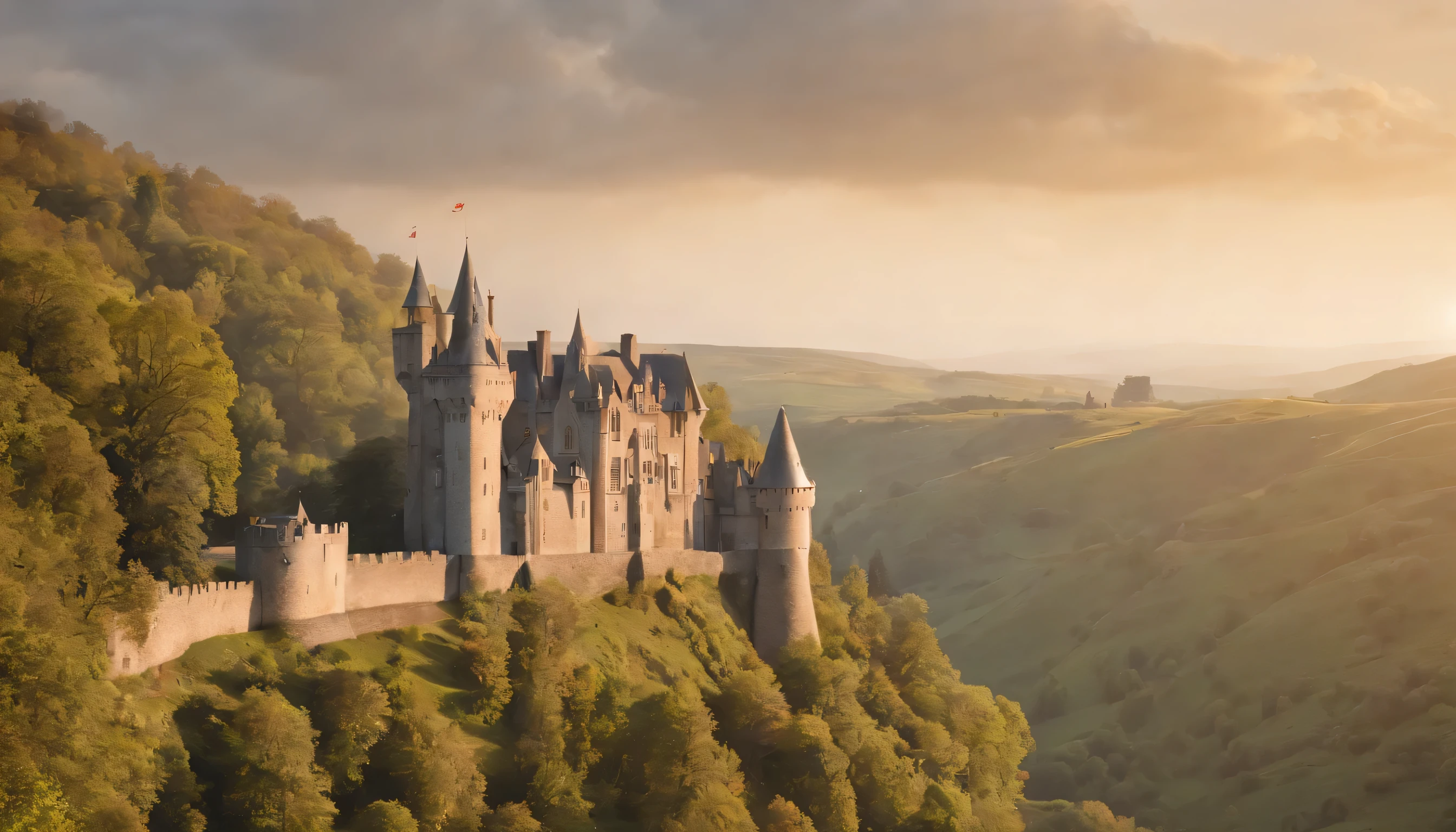 (Highly detailed CG Unity 8k wallpaper、masterpiece、highest quality、Super detailed)、(best lighting、best shadow、very delicate and beautiful)、highest quality、8k、Detailed facial depiction、masterpiece、highest quality、clear image quality、
pictures of beautiful scenery in england'Old castle and castle walls seen from the train window.。