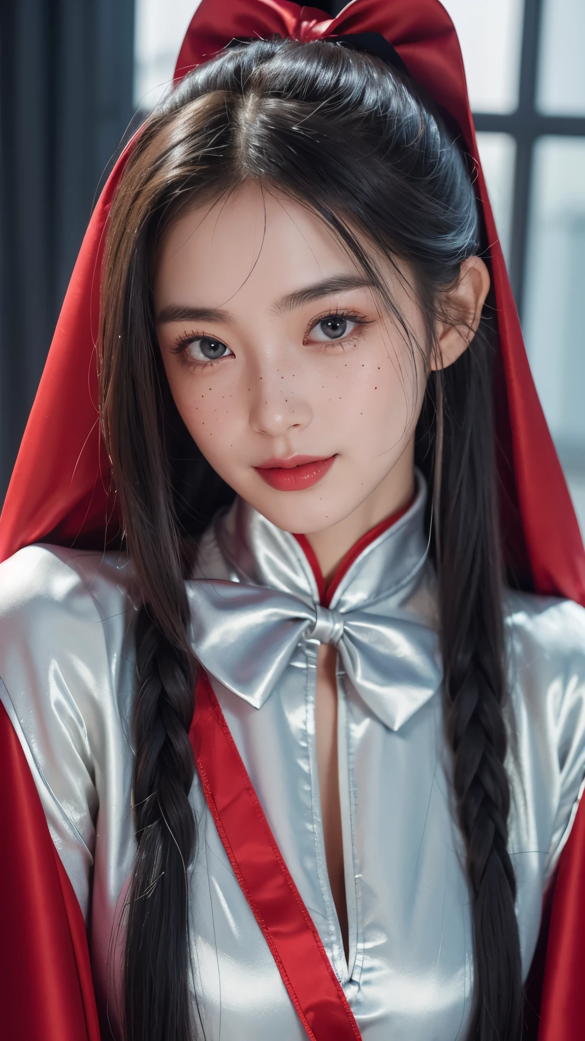 (Raw photo) , Detailed features , perfect face , perfect eyes , detailed eyes , (beautiful:1.50) , beautiful chinese girl in her 20s with long hair in a ponytail , smiling , (((long voluminous high collar silver satin and red lined cape tied at the neck with a ribbon:1.10))) , minidress , full body, slight skin blemishes, sly smile, high-quality ultra realistic style, warm tones, soft lighting, detailed eyes, subtle freckles, professional, expressive , 8K , highly detailed