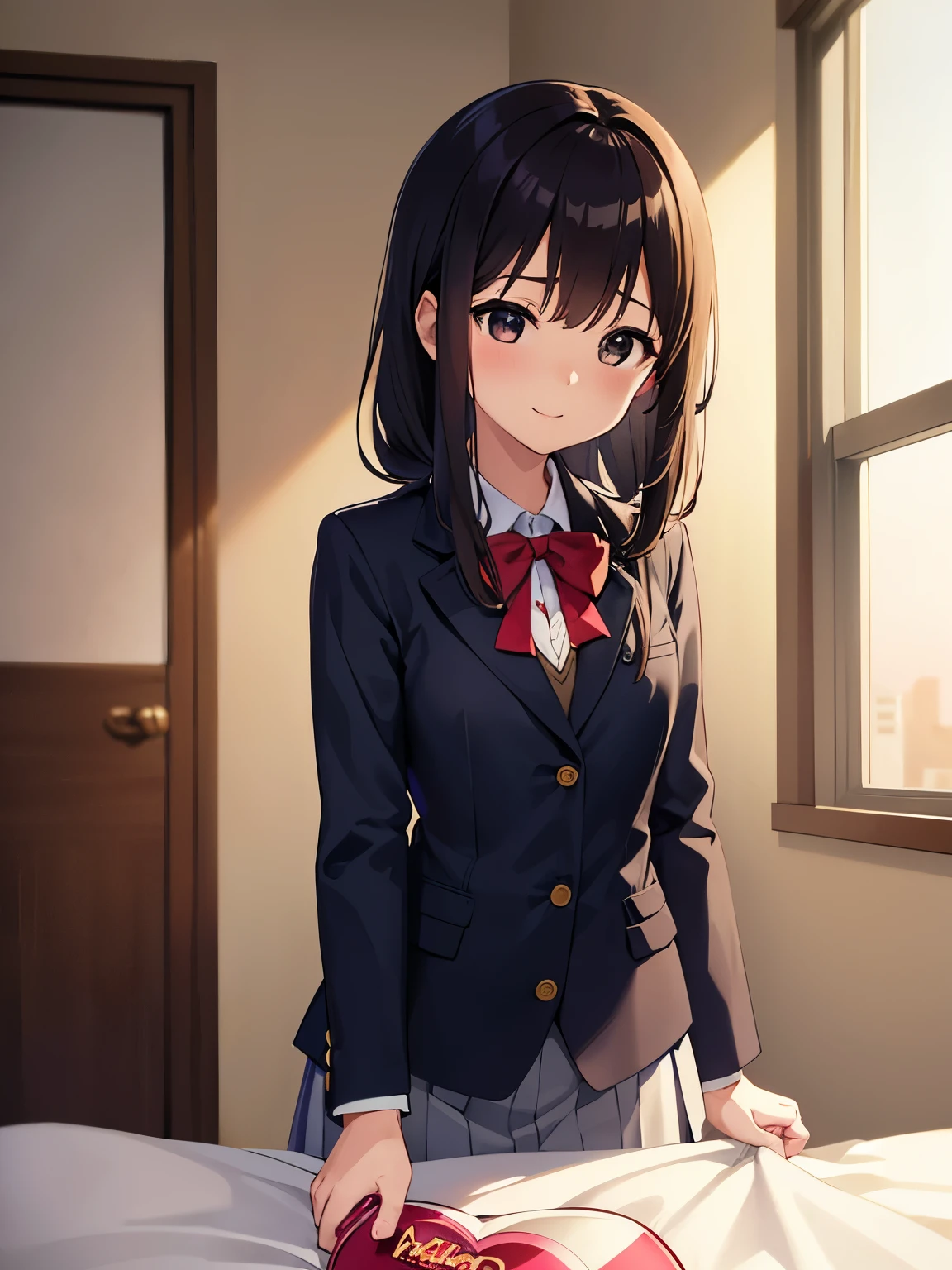 1girl, (((​masterpiece))), wallpaper HD, top-quality, top-quality, High Details, nakano azusa, 1girl, Sakuragaoka High School Uniform, student clothes, Twin-tailed, length hair, A dark-haired, brown-eyed, solo, reddish, Dark blue blazer with thin red ribbon, Solid white buttoned shirt under blazer, illustratio, comic strip, soothing tones, Subdued Color, Soft cinematic light, adobe lightroom, photolab, HDR, intricately and hyper-detailed、(((depth of fields))))。(((​masterpiece)))。(((top-quality))).)((ultra-detailliert)))。(((illustratio)))。(((takeout))).dynamic focus.big breasts.(((home))).(((A bedroom))).(((Face of happiness))). Smile mouth.(((hand holding a chocolate valentine gift))).(((up chest))).((morning glow)).((the setting sun)).