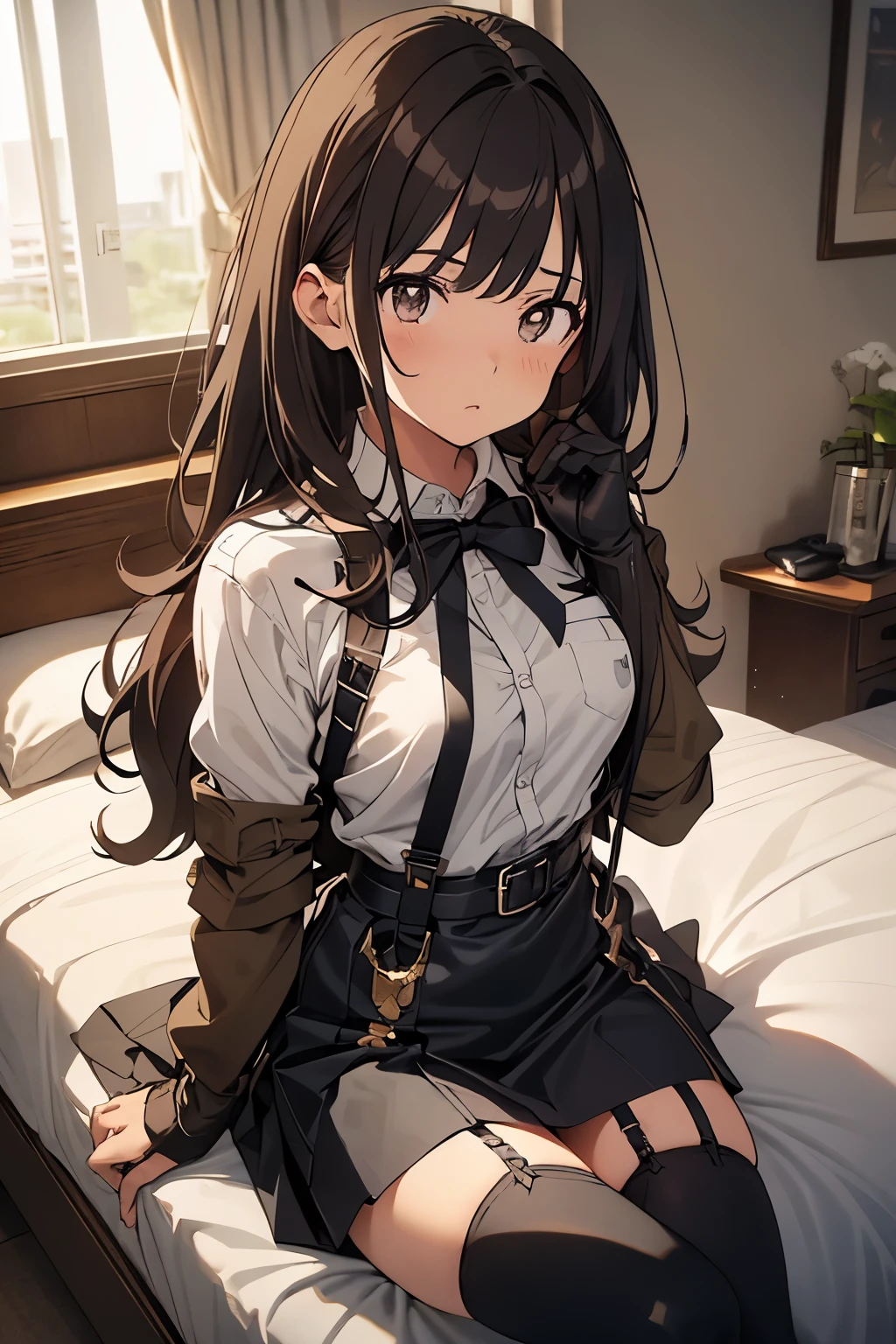 brown hair、looking at the viewer　　suspenders　　　big swollen breasts　　 　 　　　　black mini skirt　garter belt　knee high socks　　　　　　Aerial perspective　　　small face　bangs 　　　　　Beauty　　hands up　　 　sideways view 　black boots 　provocation　　　one person 　　　cutter shirt　　　hands behind　put your hands behind your back　Hands behind your back　With your hands behind your back　armed　holster　　Belt Garter Bell Black Gloves with Holes A Hotel Room　Bed　wall side