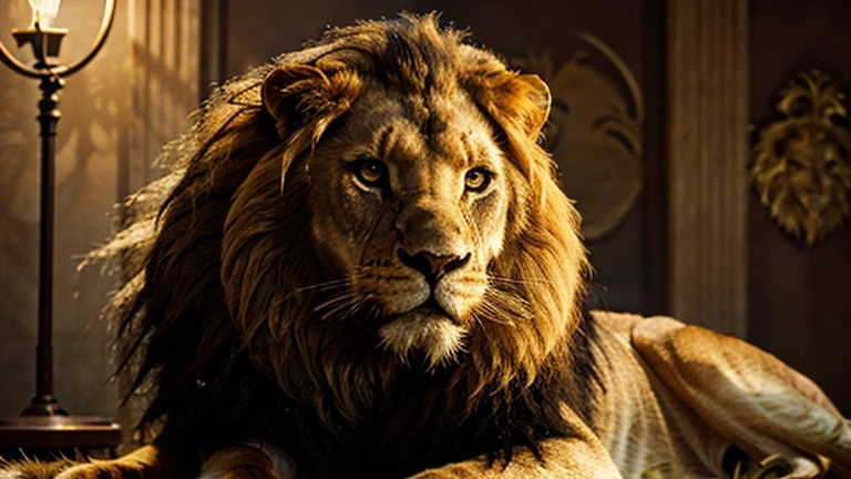 Generates an image of a majestic lion, with a golden mane and a fierce expression.