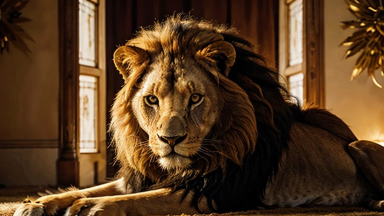 Generates an image of a majestic lion, with a golden mane and a fierce expression.