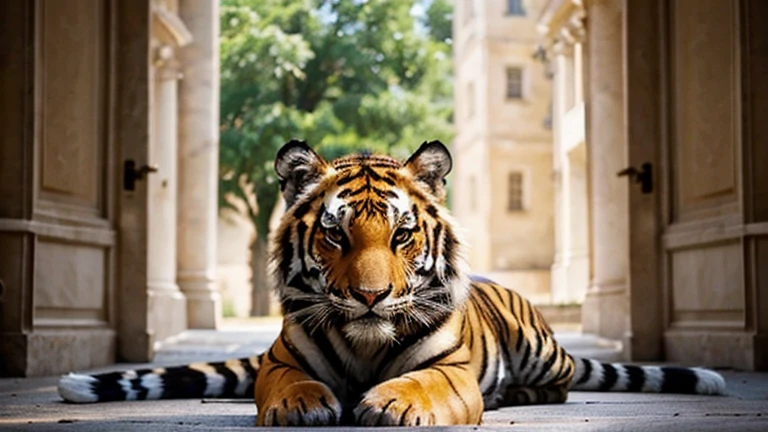Creates an image of an elegant tiger, avec des rayures noires et blanches et des yeux perçants.