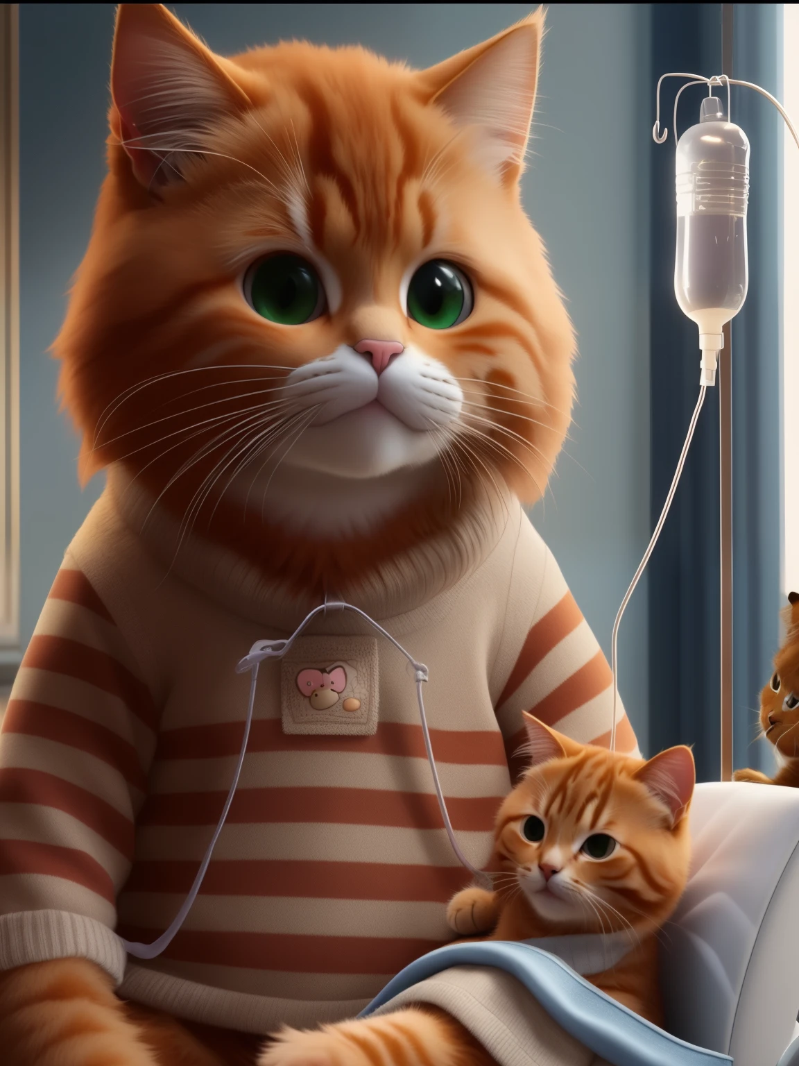 There is a cat sitting next to a kitten, cat plush, intravenous infusion, new cat, cartoon, cartoon scene, ginger cat, Frames in Pixar, Garfield, portrait of Garfield, cartoon still, cartoon, 3 d cartoon, Anime visual of a cute cat, cute numbers, Amazing computer generated