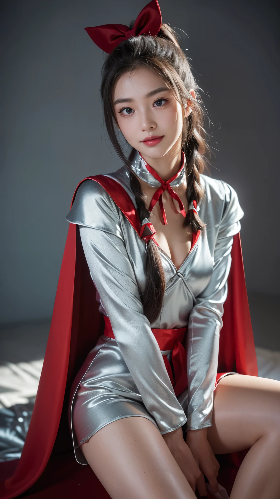 (best quality, 4k, highres, photorealistic), (concept art: 1.2), (bright colors: 1.1), (glowing effect: 1.1), (intense red: 1.2), (dynamic pose: 1.1), (powerful aura: 1.2), (fierce expression: 1.1), (sparkling eyes: 1.1), (flowing hair: 1.1), (ethereal beauty: 1.3), (background: cosmic scenery), (cosmic energy: 1.2), (vibrant stars: 1.1), (energy beams: 1.1), (futuristic technology: 1.2) A beautiful woman with lined lips, wearing a red bodysuit that tightly hugs her muscular and toned skin. Her outfit covers her navel and is adorned with intricate makeup designs. She is the iconic Red Lantern, a superhero from the DC Comics universe with extraordinary powers. This version of Red Lantern is a muscular and powerful female character, wearing an all-red uniform that accentuates her figure. Her bodysuit is fitted to her form, emphasizing her curves. The viewer's attention is drawn to her medium-sized breasts, which are beautifully detailed and add to her realism and overall aesthetic. As she looks directly at the viewer, her captivating gaze is enhanced by the realism of her eyes, which sparkle with intensity. Her expression is fierce and determined, displaying her unwavering dedication to protecting the innocent. The artwork is of the highest quality, with a resolution of 4K, showcasing every ultra-detailed aspect of the beautiful woman. The photorealistic style brings her to life, making her appear as if she could step off the canvas and into reality. The artist has captured the essence of red Lantern's power and aura, with a vibrant and dynamic pose. Her body emanates a powerful and glowing green energy, forming a captivating cosmic scenery background. The starry night sky is filled with vibrant and vivid colors, giving the artwork an otherworldly feel. The cosmic energy radiating from red Lantern is depicted through energy beams and futuristic technology surrounding her. The intensity of her power is further emphasized by the bright and glo