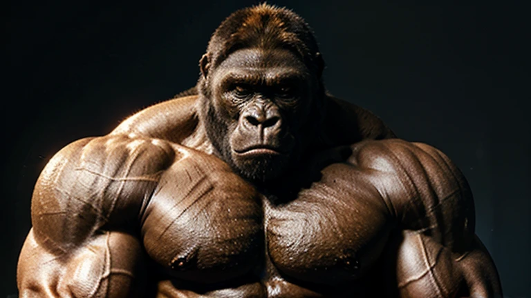 Generates an image of a powerful gorilla, avec des muscles saillants et une expression calme.