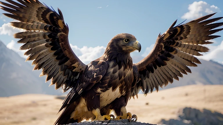 Create an image of a golden eagle, avec des ailes déployées et un regard perçant.