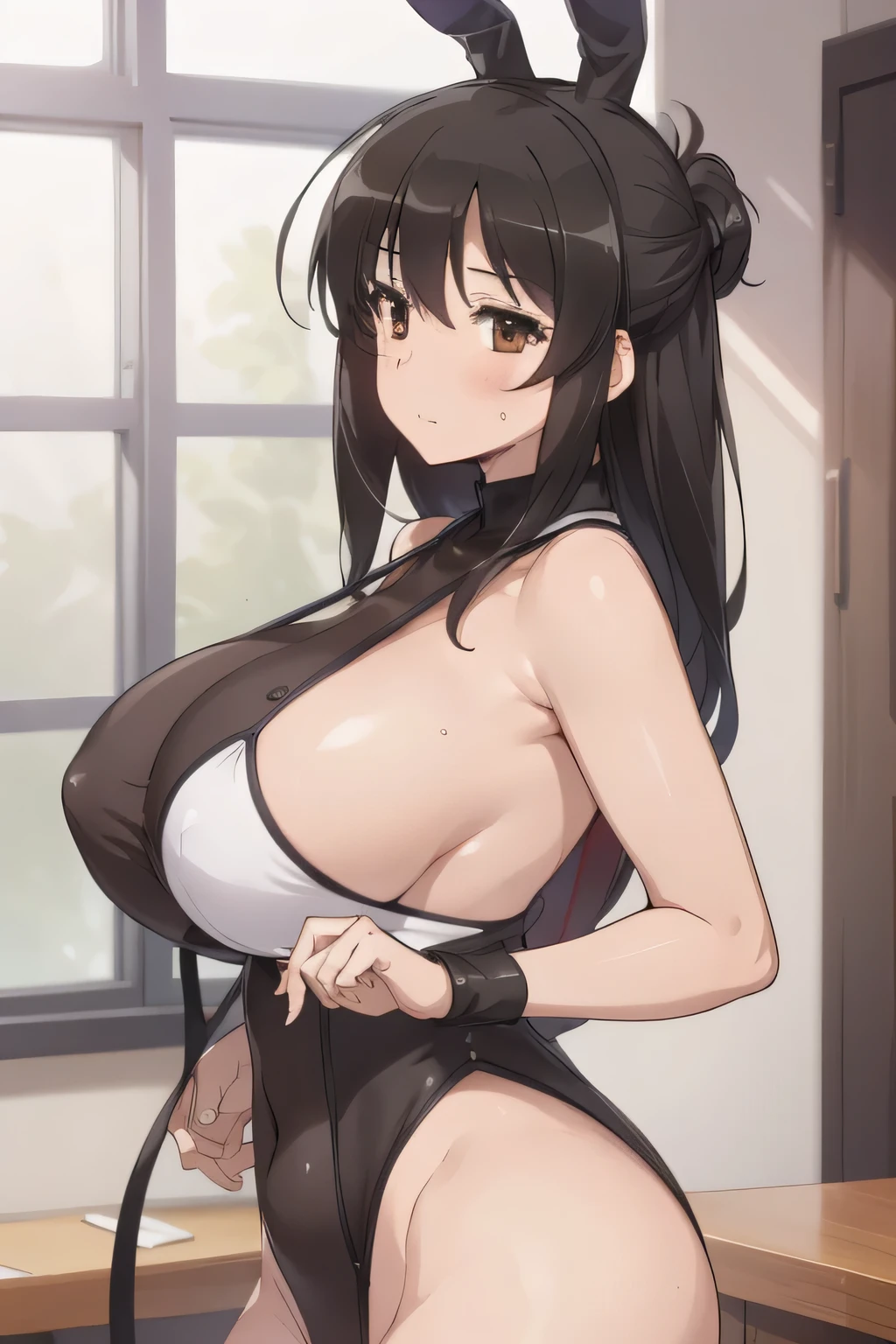 ((masterpiece)), ((best quality)), (ultra-detailed), ((extremely detailed)), 4K, (8K), best quality, ((perfect anatomy)), five fingers, ((((beautiful detailed eyes)))), (((world-class quality))), photorealistic, extremely detailed, high resolution, ((detailed shaded pretty face)), (((house wife))), solo, (((sagging ))),, glowing detailed skin and hair, white-skinned, (((glistening skin))), (huge ass), kmi iwato, ((potbelly)), (baby face), ((half updo)),, naughty face, ,, . blush,, bare thigh,, bare shoulders, (white and black highleg leotard), turtleneck, shiny clothes, rabbit ears, curvy, taimanin-suit and impossible high leg leotard
