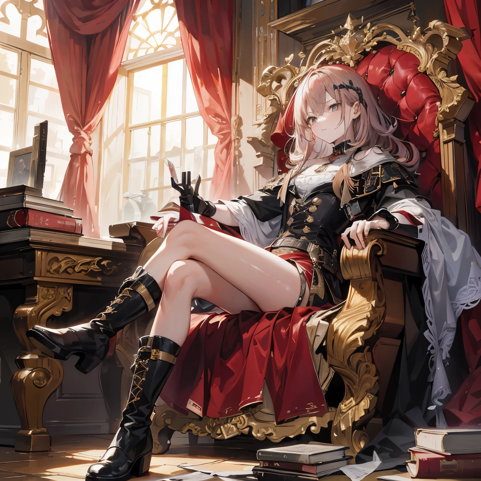 redish brown hair, short hair, holding a book, sitting on a throne, holding a knife, blood on his hands and knife, blood on his boots, serious face, looking serious expression, cross legs