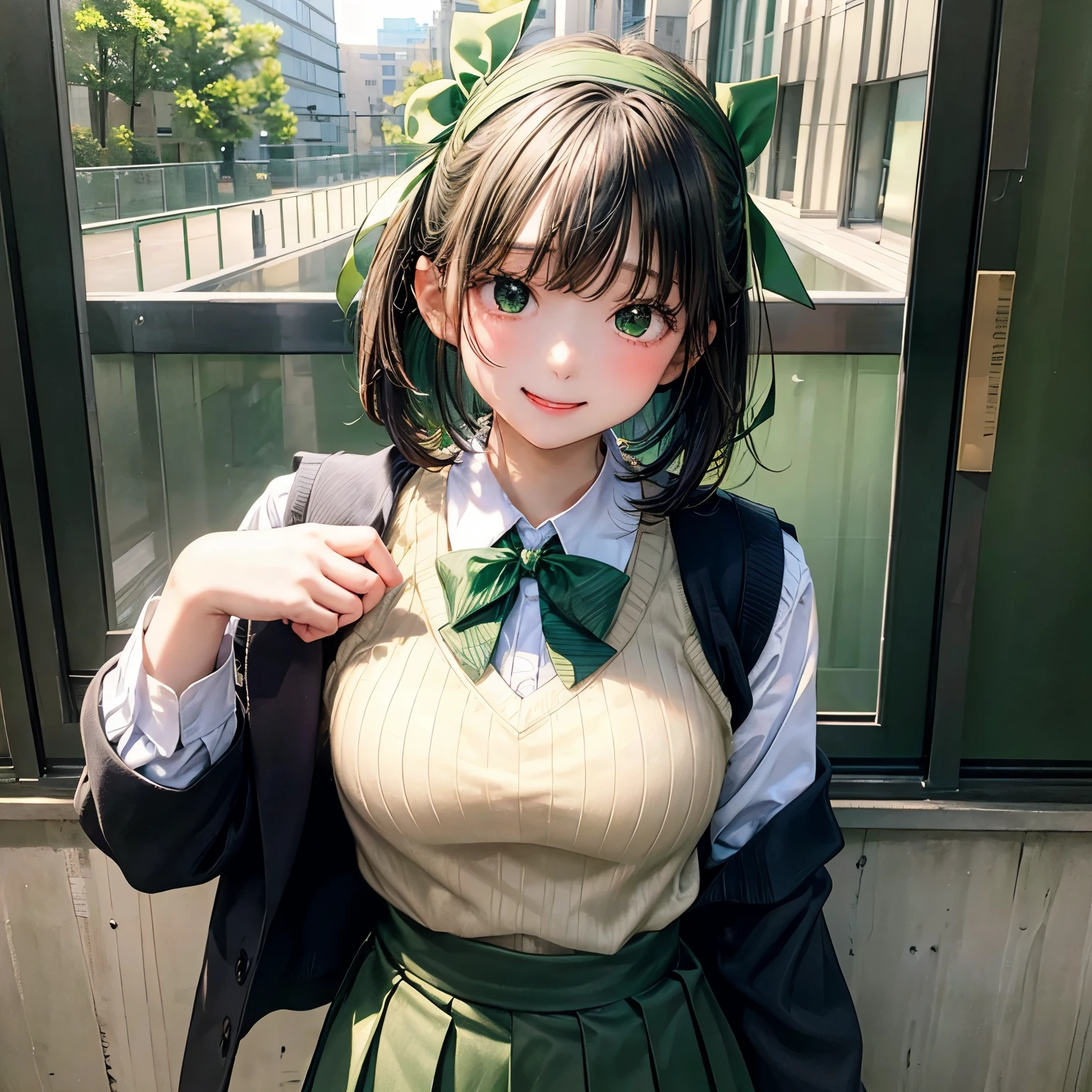 masterpiece, highest quality, High resolution, aayotsuba, short hair, hair ribbon, green ribbon, hair band, green bow, sweater vest, blazer, black jacket, open clothes, long sleeve, green skirt, pleated skirt, put your hand on your waist, grin and laugh, classroom, Are standing