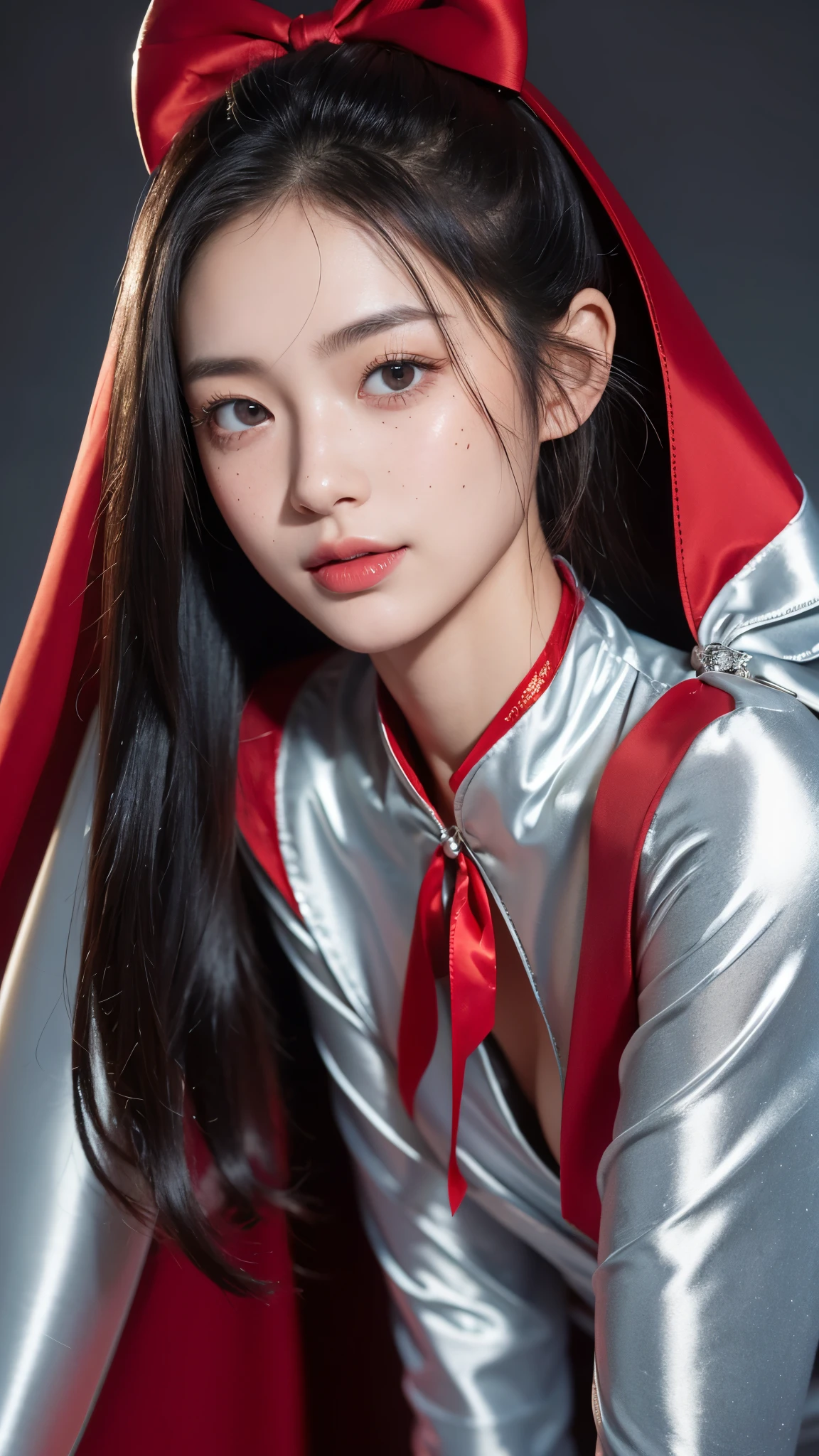 (Raw photo) , Detailed features , perfect face , perfect eyes , detailed eyes , (beautiful:1.50) , beautiful chinese girl in her 20s with long hair in a ponytail , smiling , (((long voluminous high collar silver satin and red lined cape tied at the neck with a ribbon:1.10))) , minidress , full body, slight skin blemishes, sly smile, high-quality ultra realistic style, warm tones, soft lighting, detailed eyes, subtle freckles, professional, expressive , 8K , highly detailed