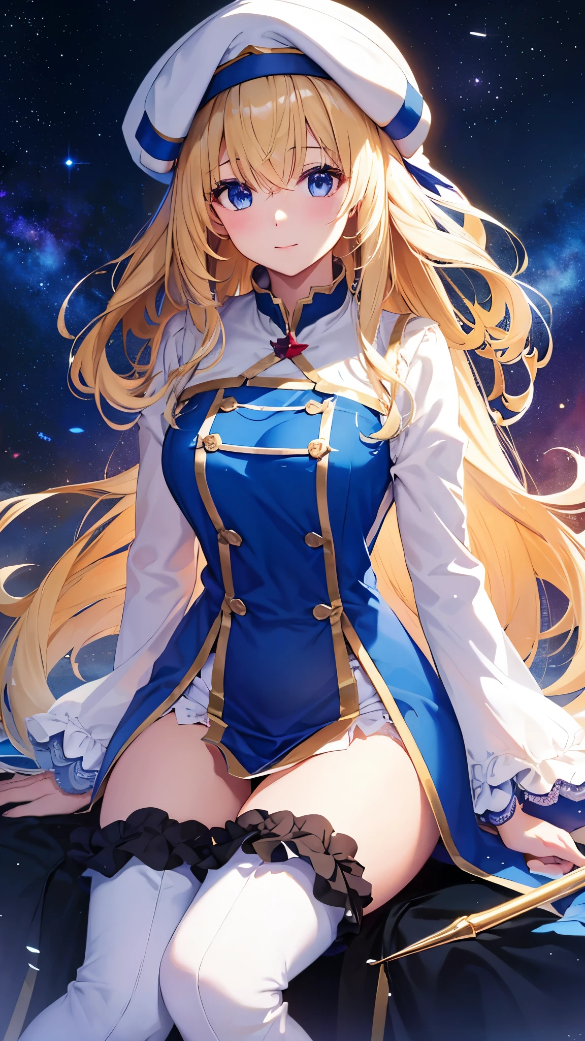 highest quality、best image quality、In 8K,4k,masterpiece、Super detailed、beautiful、super high quality、nice,game CG,beautiful***,five fingers,(Upper body:1.3),shrine maiden, blonde hair, blue eyes, long hair, hair between eyes,magic wand to grab,smile,knee high boots, dress, frills袖, frills, have, white hat, pelvic curtain, high heels, robe, thigh boots, white thighs, long sleeve, plump sleeves,hair blowing in the wind、starry sky,A mysterious space,(Sitting on a big rock),I clasped my hand,Light Powder