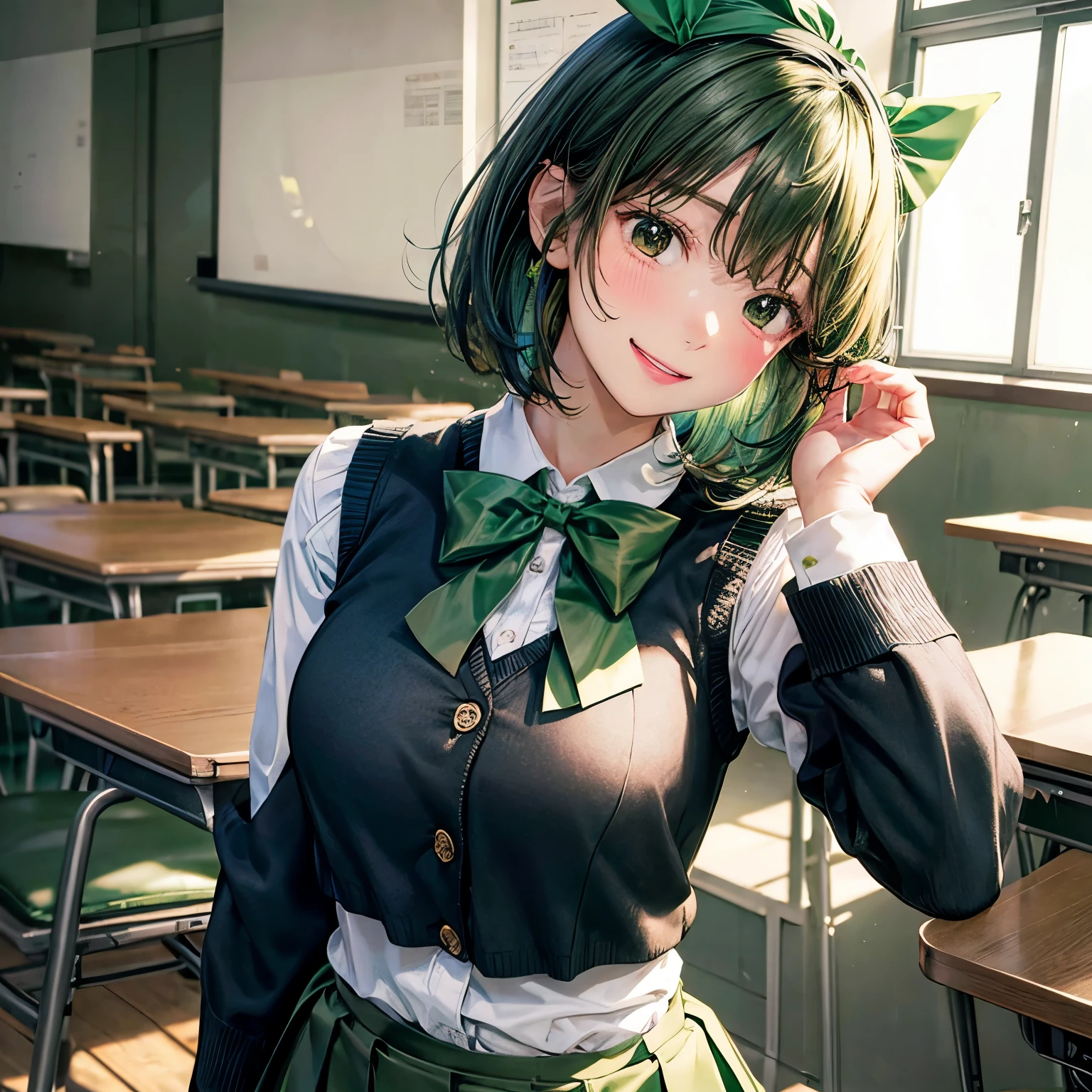 masterpiece, highest quality, High resolution, aayotsuba, short hair, hair ribbon, green ribbon, hair band, green bow, sweater vest, blazer, black jacket, open clothes, long sleeve, green skirt, pleated skirt, put your hand on your waist, grin and laugh, classroom, Are standing