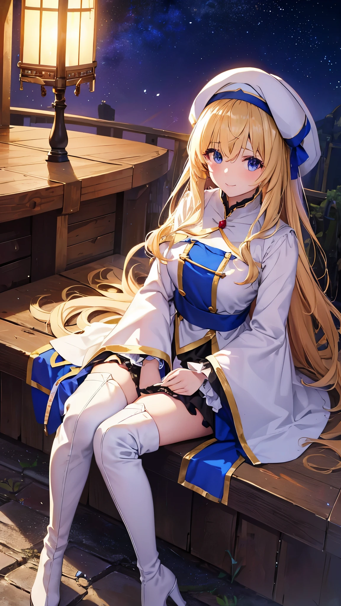 highest quality、best image quality、In 8K,4k,masterpiece、Super detailed、beautiful、super high quality、nice,game CG,beautiful***,five fingers,(Upper body:1.3),shrine maiden, blonde hair, blue eyes, long hair, hair between eyes,magic wand to grab,smile,knee high boots, dress, frills袖, frills, have, white hat, pelvic curtain, high heels, robe, thigh boots, white thighs, long sleeve, plump sleeves,hair blowing in the wind、starry sky,A mysterious space,(Sitting on a big rock),I clasped my hand,Light Powder