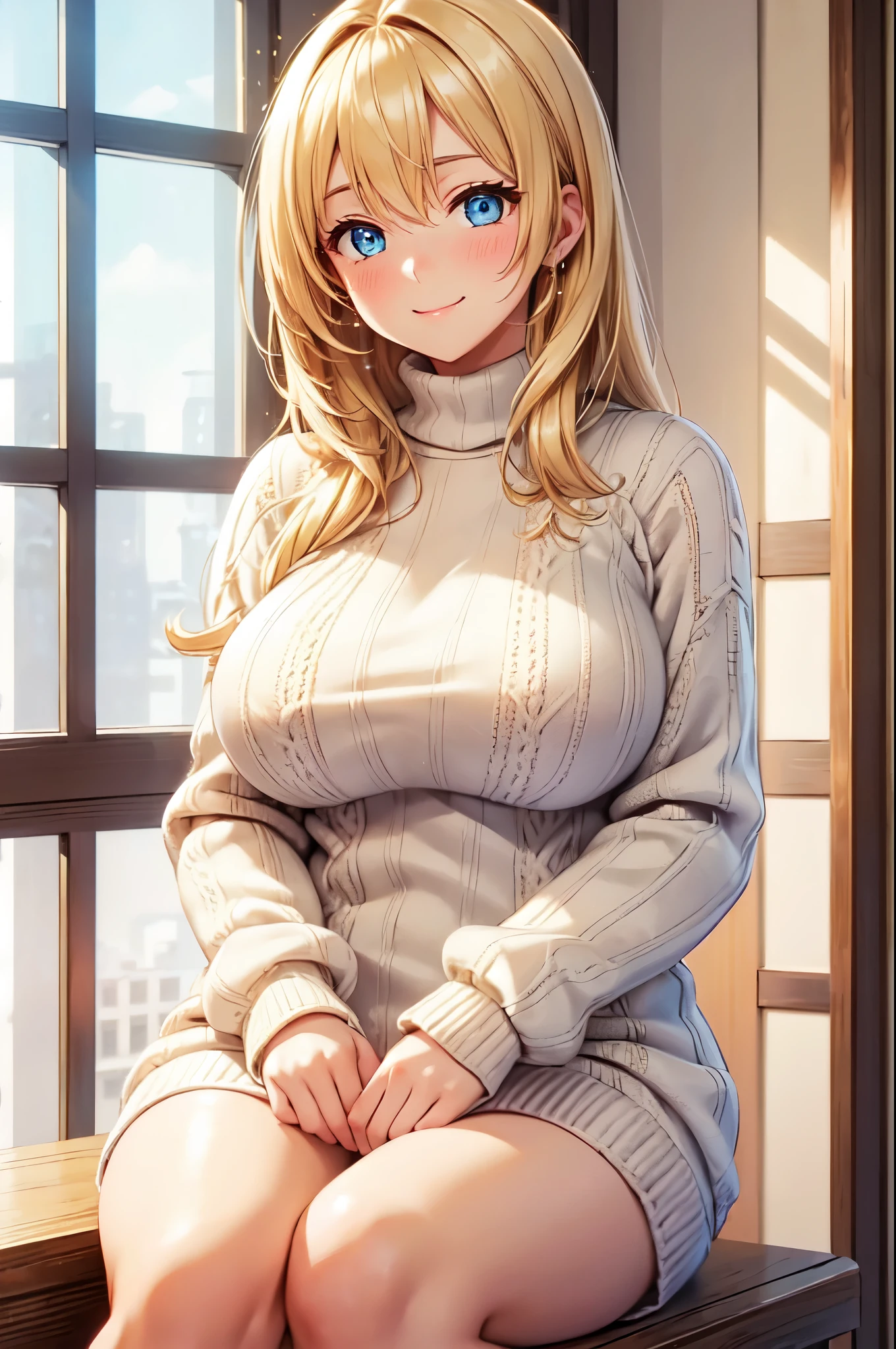 (High quality, High resolution, Fine details), soft, warm, cozy, fluffy knit sweater, elegant, warm colors, varied textures, mid-thigh length, round neckline, ribbed cuffs and hem, long sleeves, hand-knitted feel, winter outfit, solo, curvy women, blond hair, sparkling eyes, (Detailed eyes:1.2), smile, blush, Sweat, Oily skin, shallow depth of field