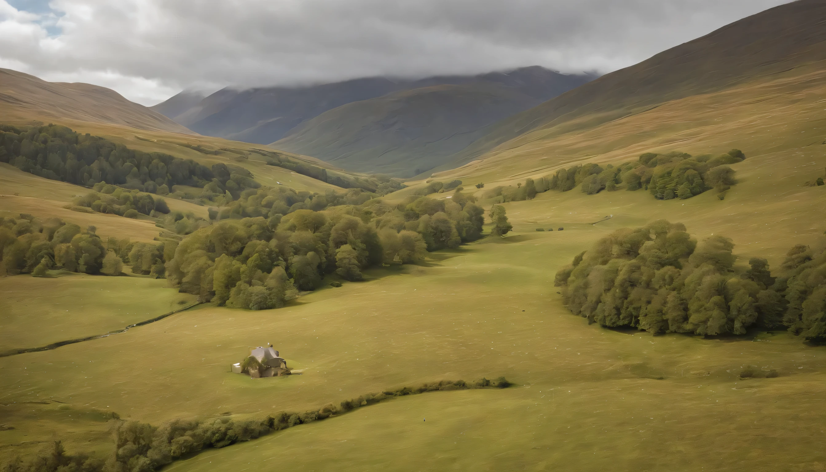 (Highly detailed CG Unity 8k wallpaper、masterpiece、highest quality、Super detailed)、(best lighting、best shadow、very delicate and beautiful)、highest quality、8k、Detailed facial depiction、masterpiece、highest quality、clear image quality、
Photo taken from a train window in Scotland&#39;desolate highlands。