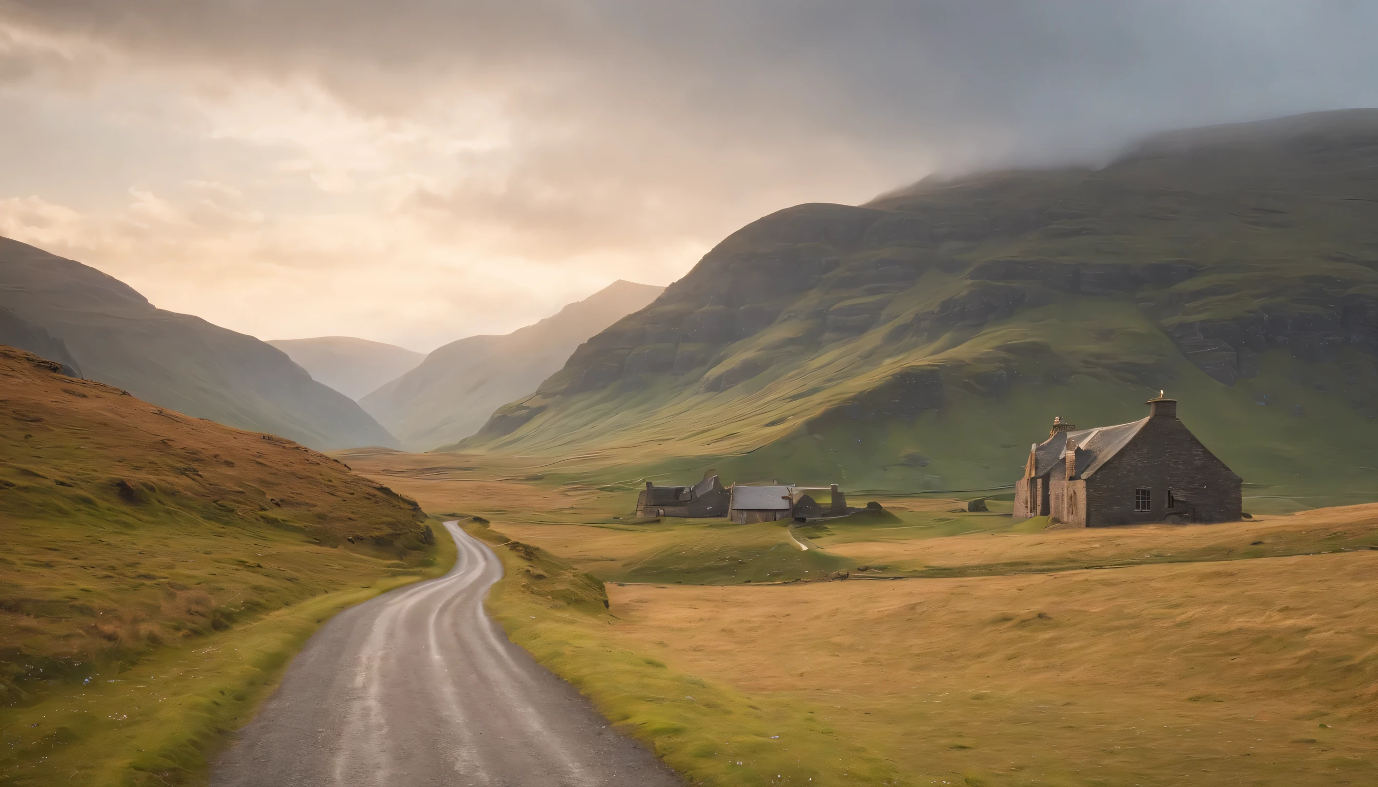 (Highly detailed CG Unity 8k wallpaper、masterpiece、highest quality、Super detailed)、(best lighting、best shadow、very delicate and beautiful)、highest quality、8k、Detailed facial depiction、masterpiece、highest quality、clear image quality、
Photo taken from a train window in Scotland&#39;desolate highlands。