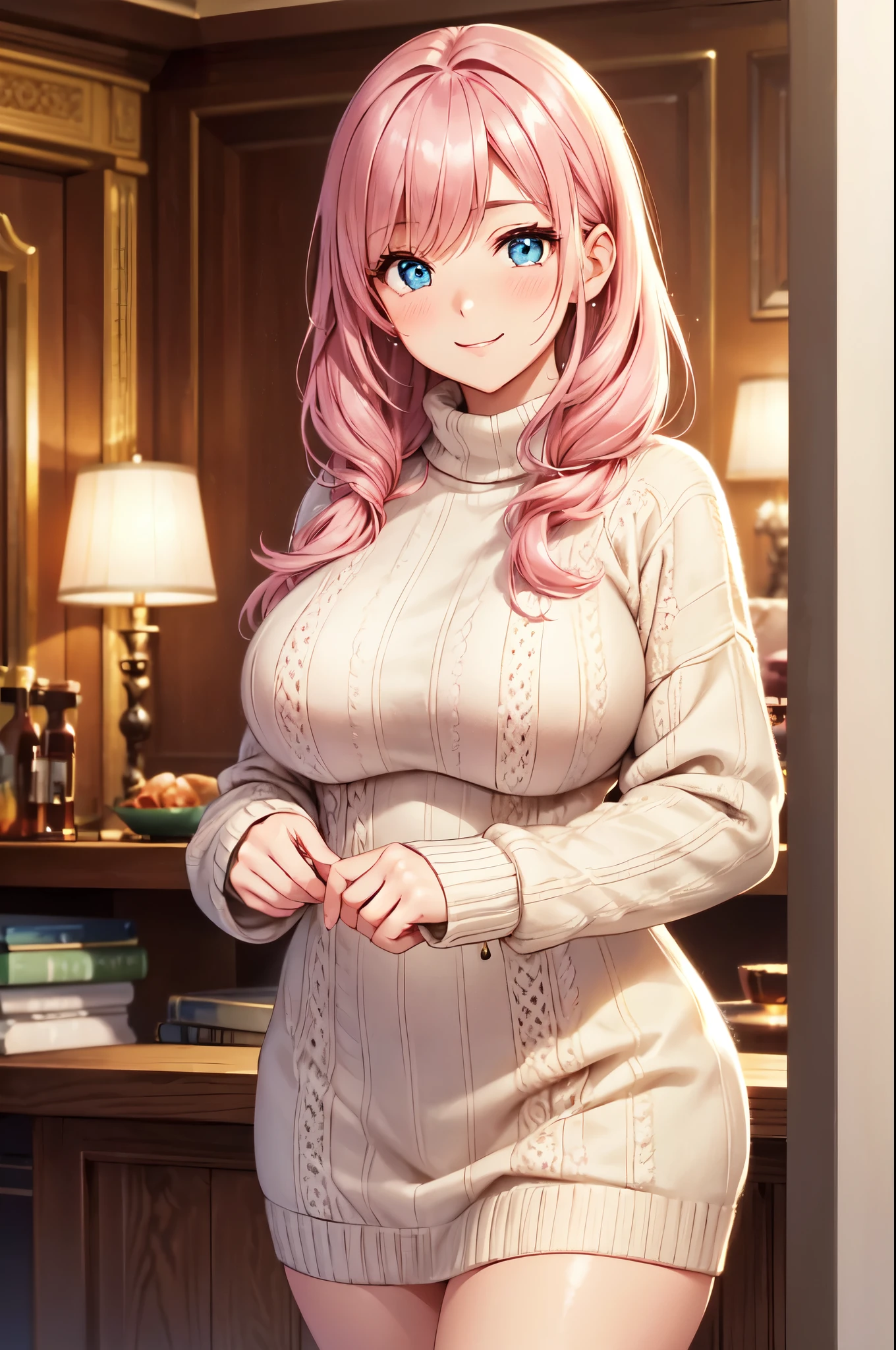 (High quality, High resolution, Fine details), soft, warm, cozy, fluffy knit sweater, elegant, warm colors, varied textures, mid-thigh length, round neckline, ribbed cuffs and hem, long sleeves, hand-knitted feel, winter outfit, solo, curvy women, pink hair, sparkling eyes, (Detailed eyes:1.2), smile, blush, Sweat, Oily skin, shallow depth of field
