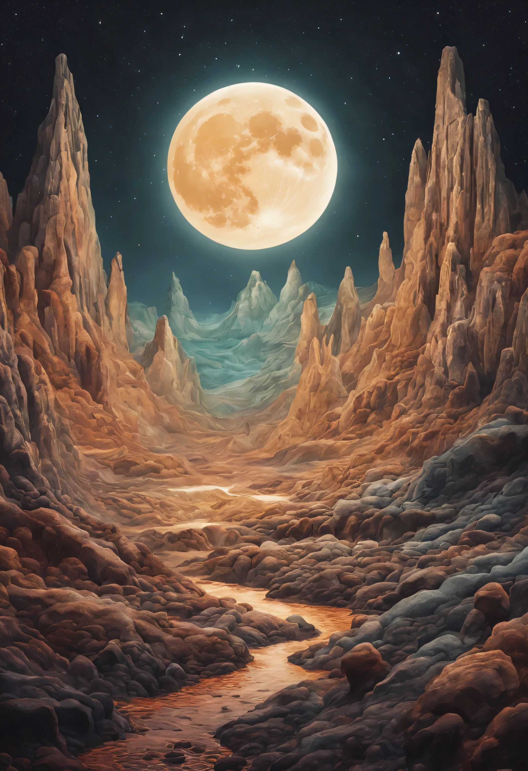 mythological lunar landscape with mysterious luminous creatures