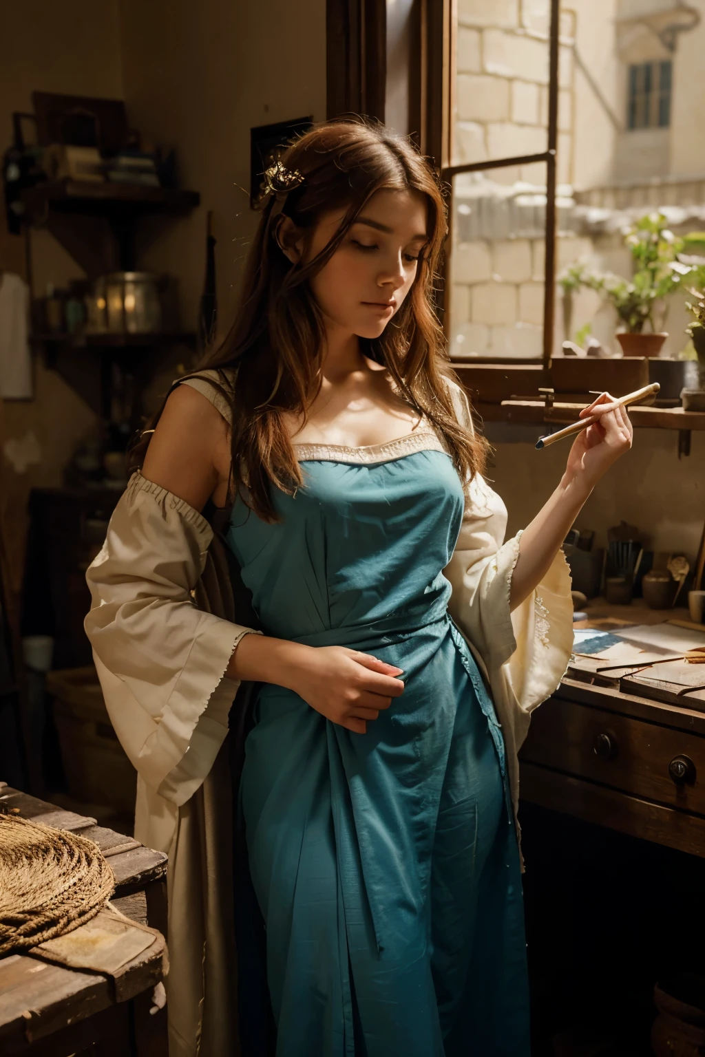 In a dimly lit studio nestled within the heart of a bustling XV century town, a painter stands before his canvas, fully immersed in his craft. The room is adorned with the richness of the Renaissance era, its walls draped in velvety fabrics and adorned with ornate tapestries depicting scenes of grandeur. The painter himself is redhead. His attire echoing the fashion of the time with a billowing shirt tucked into snug-fitting breeches. His sleeves are rolled up, revealing forearms speckled with the remnants of past creative endeavors. He is painting a lady. She stands against a dark background, her figure illuminated by a soft, ethereal light. Santa Engracia is portrayed as a young woman with delicate features, her expression serene yet filled with a sense of solemnity. She wears a richly adorned gown, its fabric flowing gracefully around her figure. The intricate details of her attire, including the delicate folds of her robes and the intricate patterns woven into the fabric, attest to the skill and craftsmanship of the artist. In her hands, Santa Engracia holds attributes symbolizing her martyrdom and faith. Perhaps she holds a palm frond, a common symbol of martyrdom in Christian iconography, or a religious object signifying her devotion to her faith. A sturdy wooden easel, weathered with use, supports a grand canvas stretched tightly across its frame. Around him, shelves overflow with jars of pigments in every hue imaginable – from the deepest ultramarine to the richest ochre. Brushes of various sizes and shapes lie scattered across the cluttered workbench, each one bearing the telltale signs of a well-loved tool. As sunlight filters through the studio's narrow windows, it casts a warm glow upon the scene, illuminating the artist and his work in a soft, ethereal light. In this quiet sanctuary of creativity, the painter's vision takes shape, giving life to worlds that exist only within the bounds of his imagination.