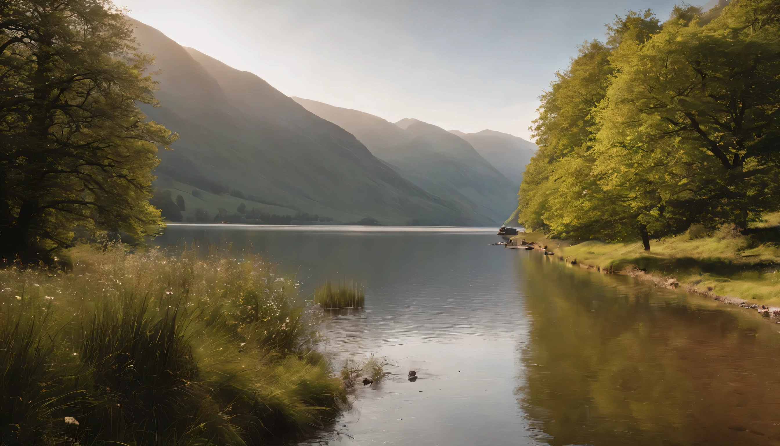 (Highly detailed CG Unity 8k wallpaper、masterpiece、highest quality、Super detailed)、(best lighting、best shadow、very delicate and beautiful)、highest quality、8k、Detailed facial depiction、masterpiece、highest quality、clear image quality、
Photo of the English Lake District and lakeside scenery seen from the train window。