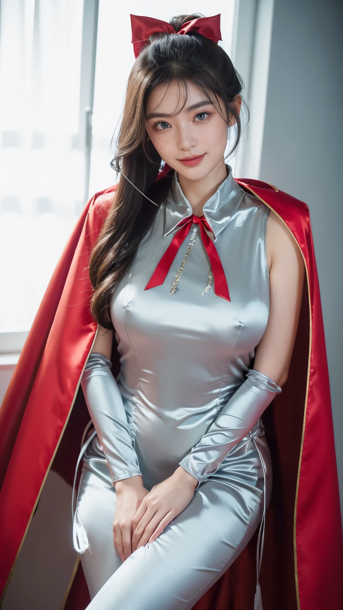 (Raw photo) , Detailed features , perfect face , perfect eyes , detailed eyes , (beautiful:1.50) , beautiful chinese girl in her 20s with long hair in a ponytail , smiling , (((long voluminous high collar silver satin and red lined cape tied at the neck with a ribbon:1.10))) , minidress , full body, slight skin blemishes, sly smile, high-quality ultra realistic style, warm tones, soft lighting, detailed eyes, subtle freckles, professional, expressive , 8K , highly detailed