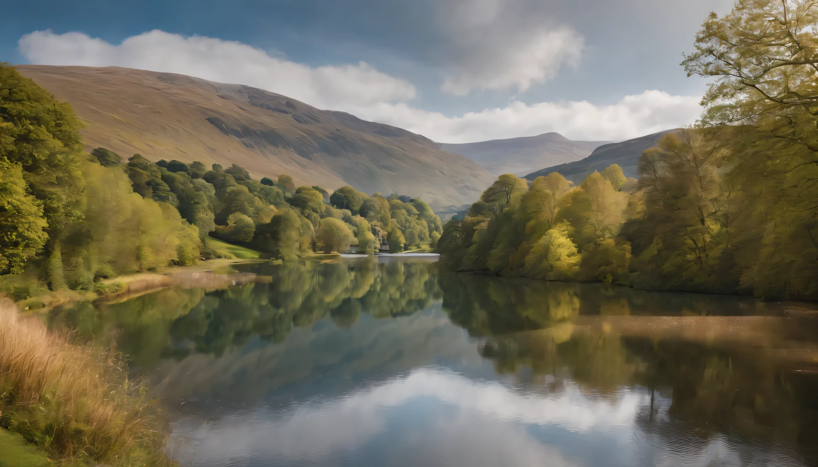 (Highly detailed CG Unity 8k wallpaper、masterpiece、highest quality、Super detailed)、(best lighting、best shadow、very delicate and beautiful)、highest quality、8k、Detailed facial depiction、masterpiece、highest quality、clear image quality、
Photo of the English Lake District and lakeside scenery seen from the train window。