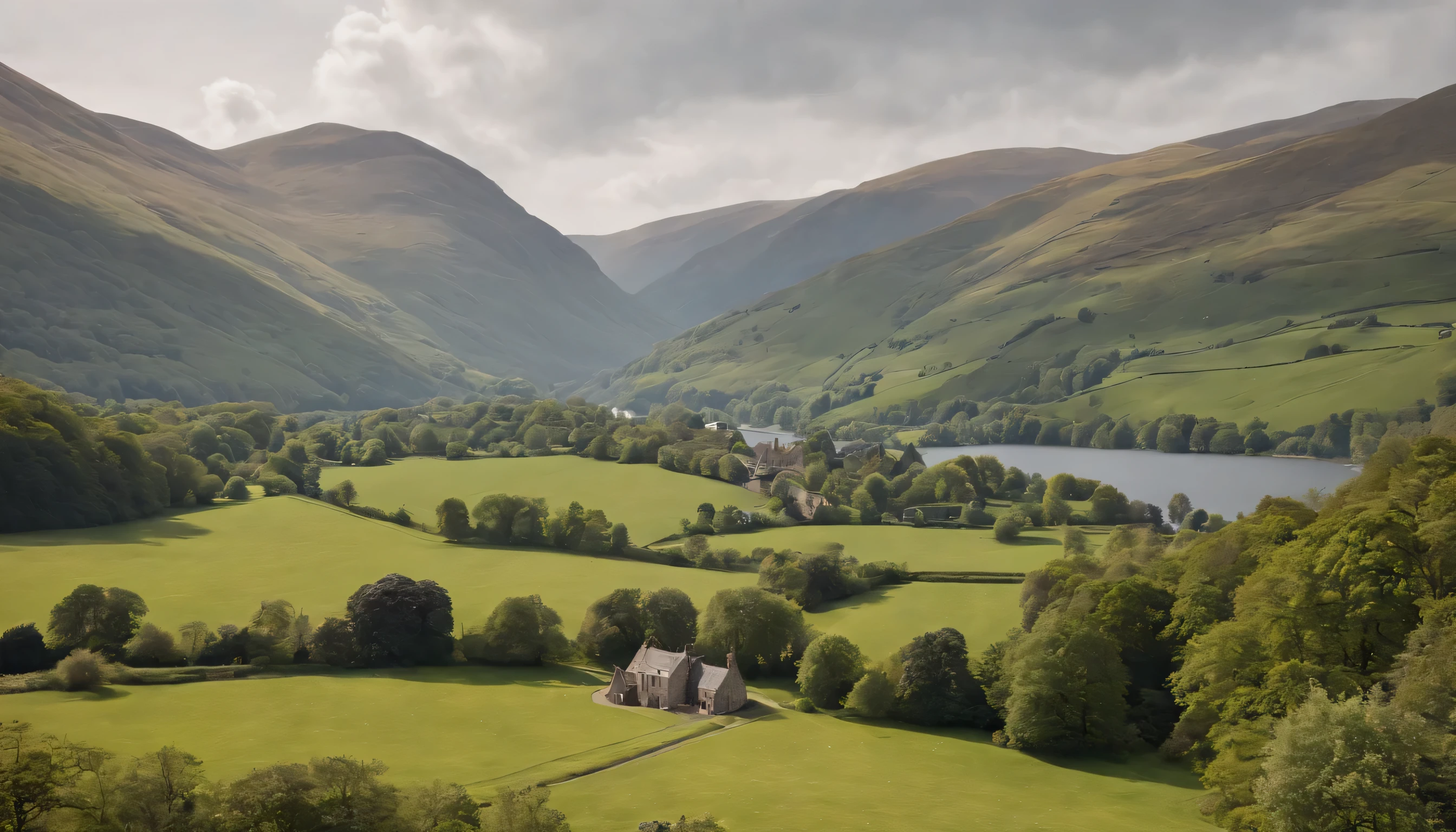 (Highly detailed CG Unity 8k wallpaper、masterpiece、highest quality、Super detailed)、(best lighting、best shadow、very delicate and beautiful)、highest quality、8k、Detailed facial depiction、masterpiece、highest quality、clear image quality、
Photo of the English Lake District and lakeside scenery seen from the train window。