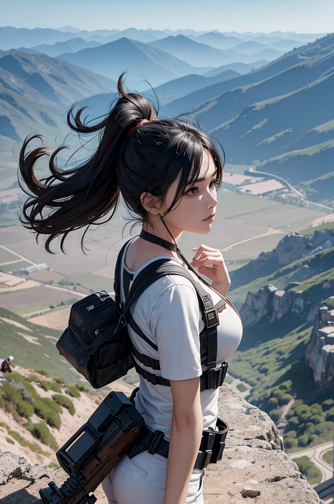 Generate an iconic 2D cartoon illustration of the PUBG character, wearing a white shirt, equipped with an AKM, and donned in an Altyn helmet. The close-up shot should capture the character in a dynamic pose, aimming with an AWM (equipped with an 8x scope), overlooking a stack of 5 consecutive red Air Drops. The view is from the right back (shoulder) side of the character, highlighting the intensity of the moment.

Place the character in an open, deserted field under a vast blue sky with abundant clouds diffusing sunlight. Implement a depth of field effect to enhance the focus on the character and the AWM, while allowing the stacked Air Drops to gradually blur into the background. Opt for a 16:9 aspect ratio to suit screen dimensions.

Adopt a 2D cartoonish art style with rich, vibrant colors to bring the PUBG character and the scene to life. The final image should encapsulate the excitement and adventure of the PUBG universe, emphasizing the character's interaction with the AWM and the unique setting.