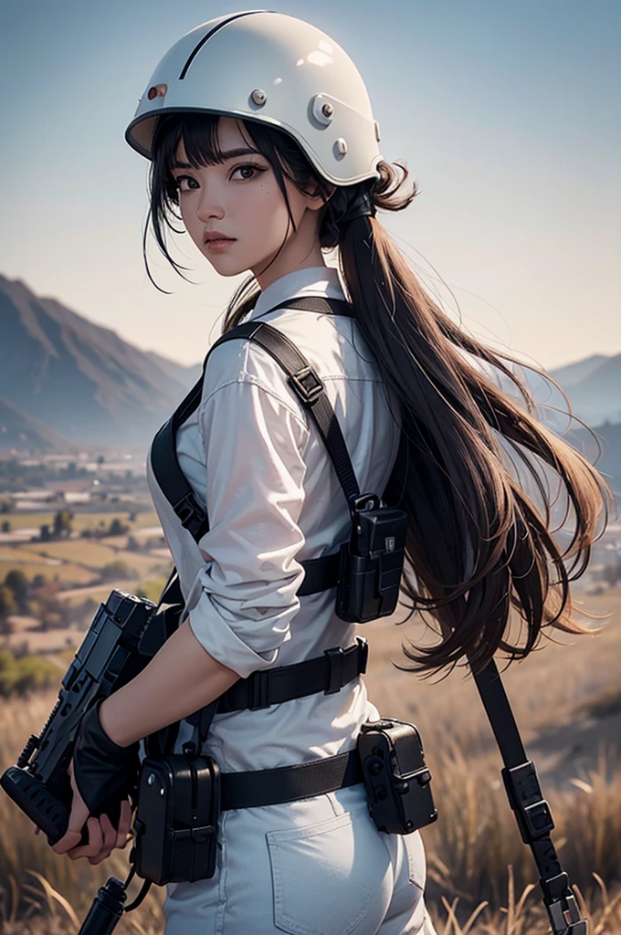 Generate an iconic 2D cartoon illustration of the PUBG character, wearing a white shirt, equipped with an AKM, and donned in an Altyn helmet. The close-up shot should capture the character in a dynamic pose, aimming with an AWM (equipped with an 8x scope), overlooking a stack of 5 consecutive red Air Drops. The view is from the right back (shoulder) side of the character, highlighting the intensity of the moment.

Place the character in an open, deserted field under a vast blue sky with abundant clouds diffusing sunlight. Implement a depth of field effect to enhance the focus on the character and the AWM, while allowing the stacked Air Drops to gradually blur into the background. Opt for a 16:9 aspect ratio to suit screen dimensions.

Adopt a 2D cartoonish art style with rich, vibrant colors to bring the PUBG character and the scene to life. The final image should encapsulate the excitement and adventure of the PUBG universe, emphasizing the character's interaction with the AWM and the unique setting.