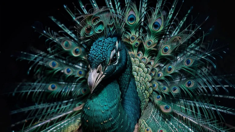 Create an image of a majestic peacock, with outstretched feathers and a proud expression.