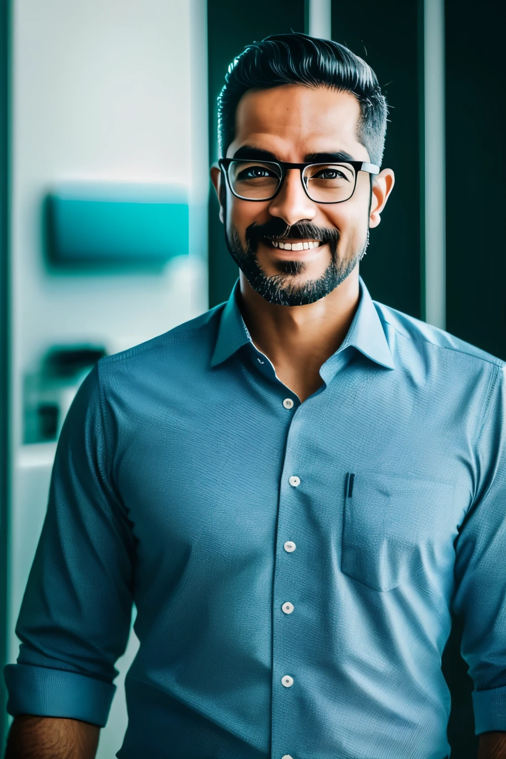 RAW photo in sequence, a photo of a male banking professional, ((retrato, sorrindo)), wearing glasses, bigode, ambiente corporativo, vestindo uma boa-por do branco, detalhes do rosto clarity, planos de fundo detalhados pouco desfocados, natural lighting, HDR, imagem realista, imagem profissional, flertando com o espectador, visual corporativo, fotorrealista, Attractivo, pele natural, 8k UHD, alta qualidade, filmic grain, Fujifilm XT3.