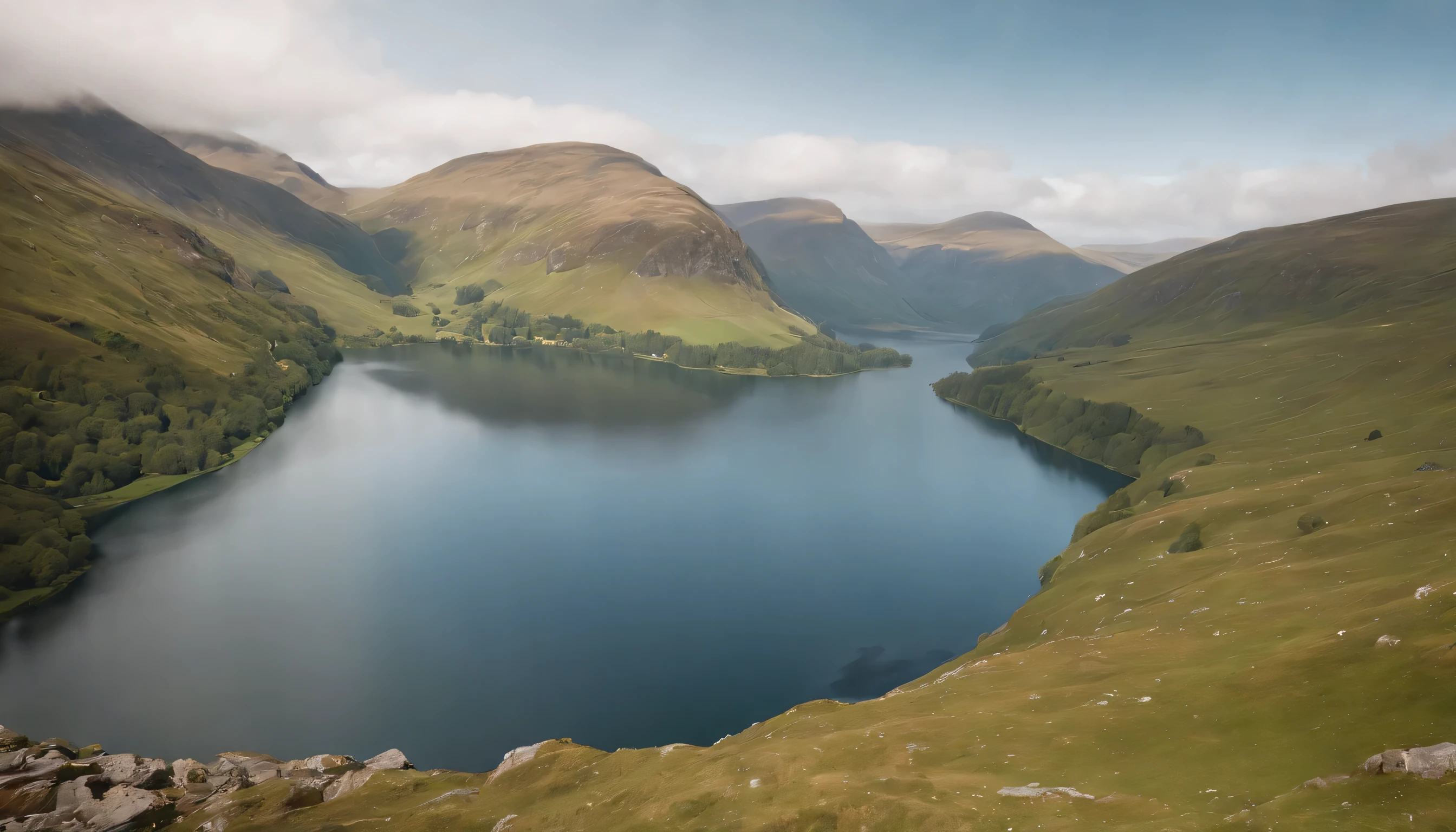 (Highly detailed CG Unity 8k wallpaper、masterpiece、highest quality、Super detailed)、(best lighting、best shadow、very delicate and beautiful)、highest quality、8k、Detailed facial depiction、masterpiece、highest quality、clear image quality、
Photo of the English Lake District and lakeside scenery seen from the train window。