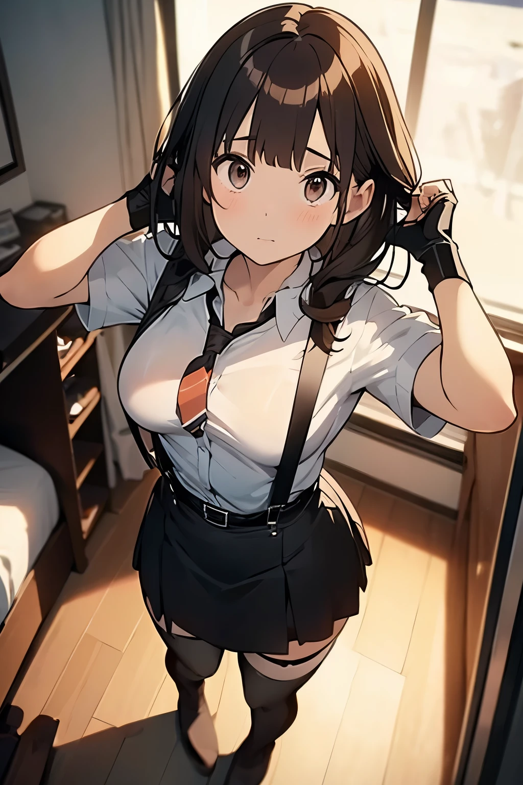 (bound arms, arms behind back, rope, bound legs:1.2), squatting,  highres, highest quallity, illustration, ultra detailed, (detailed face), (detailed eyes), soft lighting, best quality, hyper detailed, masterpiece, looking at viewer, angry, open mouth, 1girl, solo, short hair, brown hair, school uniform, skirt, (colorful), shack, window, night,